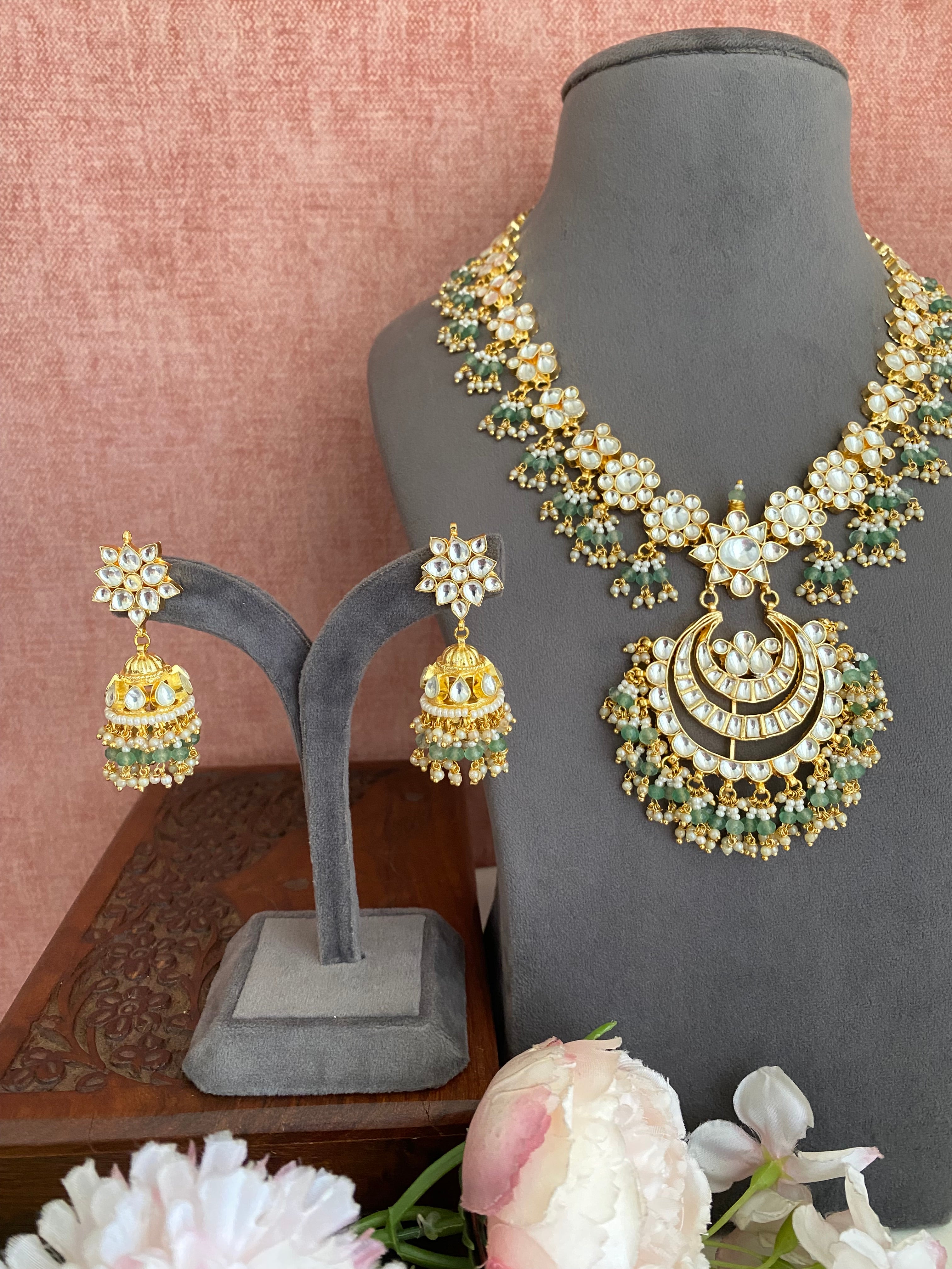 Gold Plated Kundan long set with Jhumka