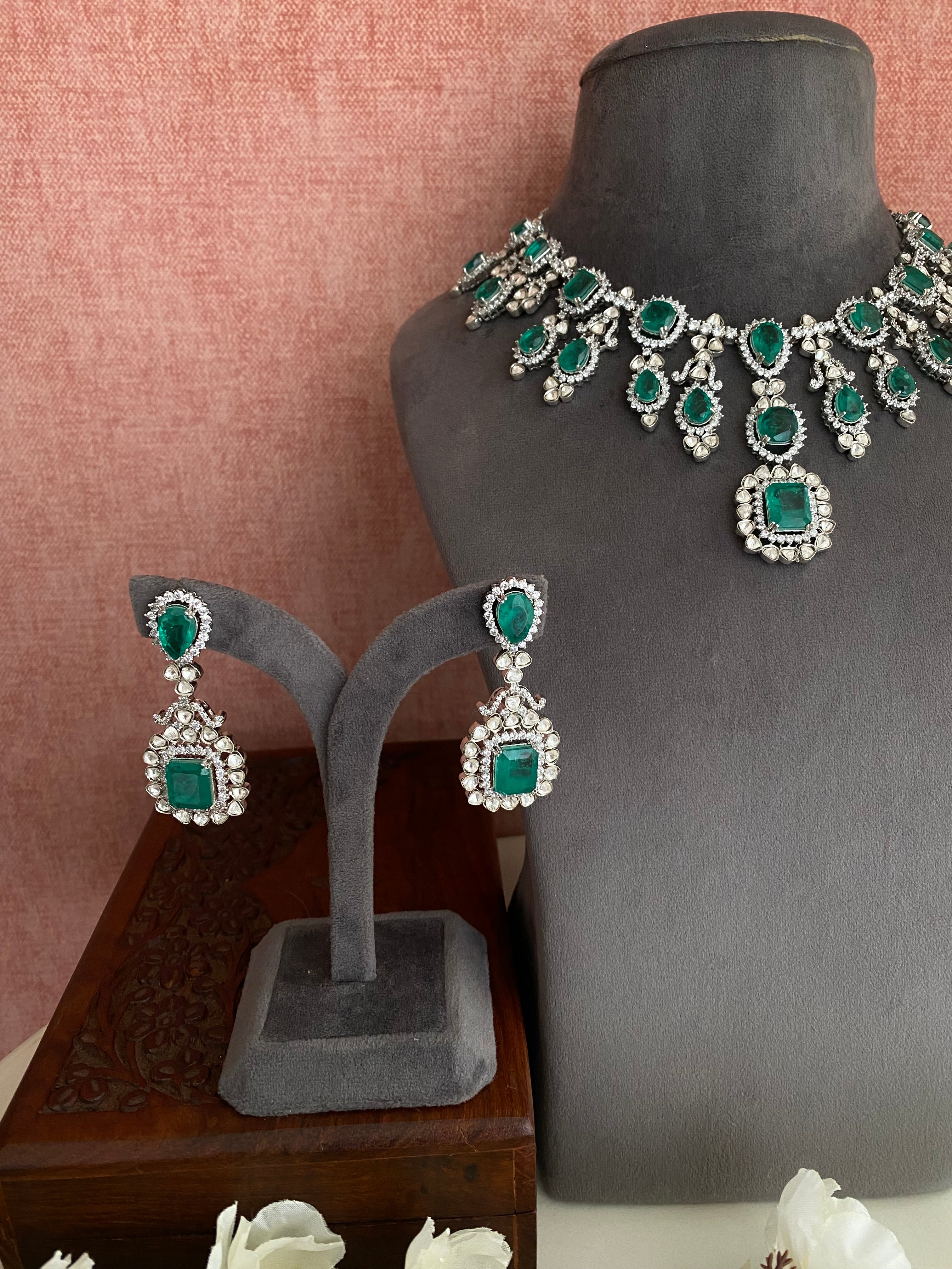 Silver Plated Emerald Diamond Necklace set
