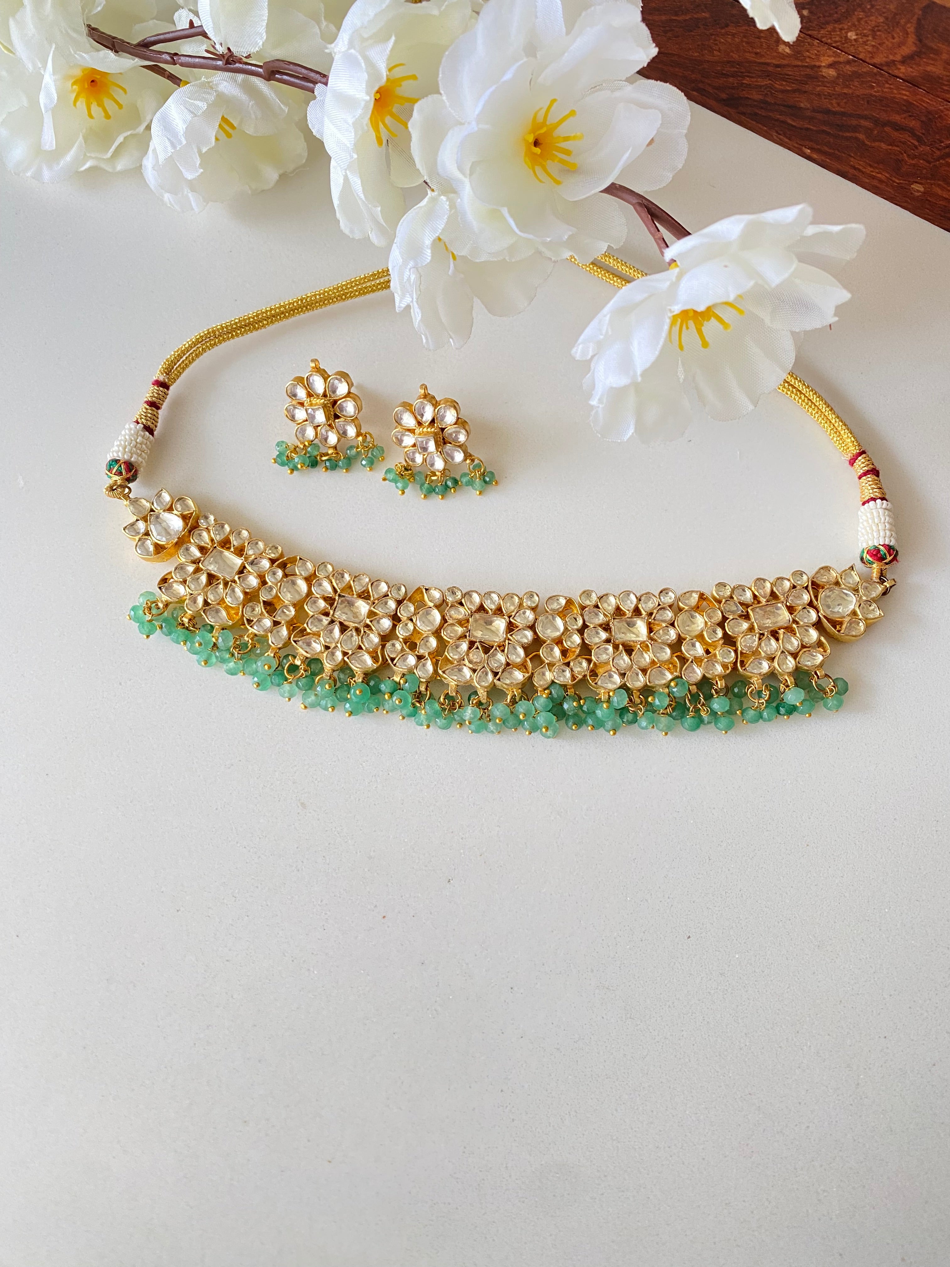 Gold plated Kundan Choker Set in mint drops