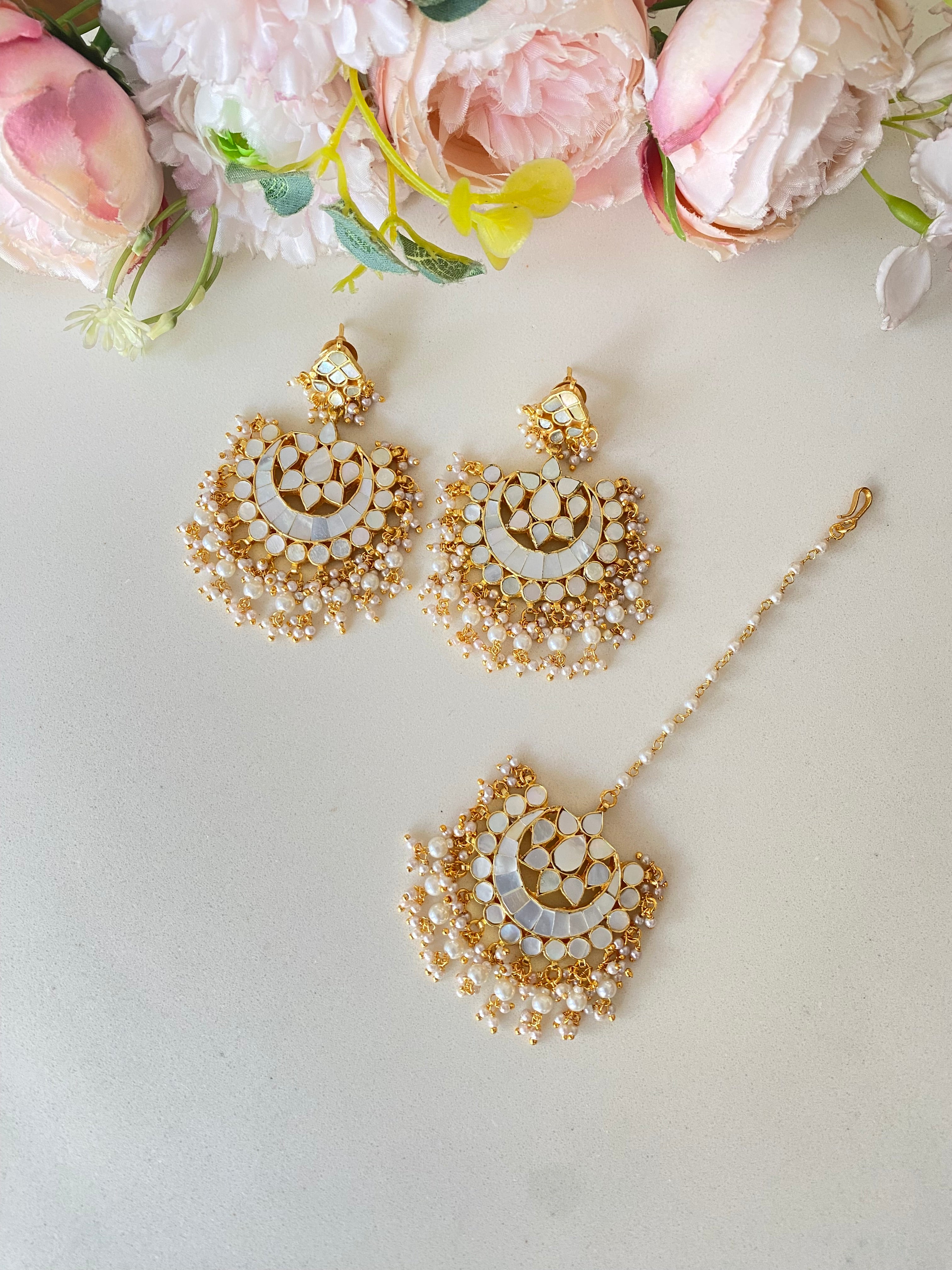 Mother of pearl earrings and Tikka set