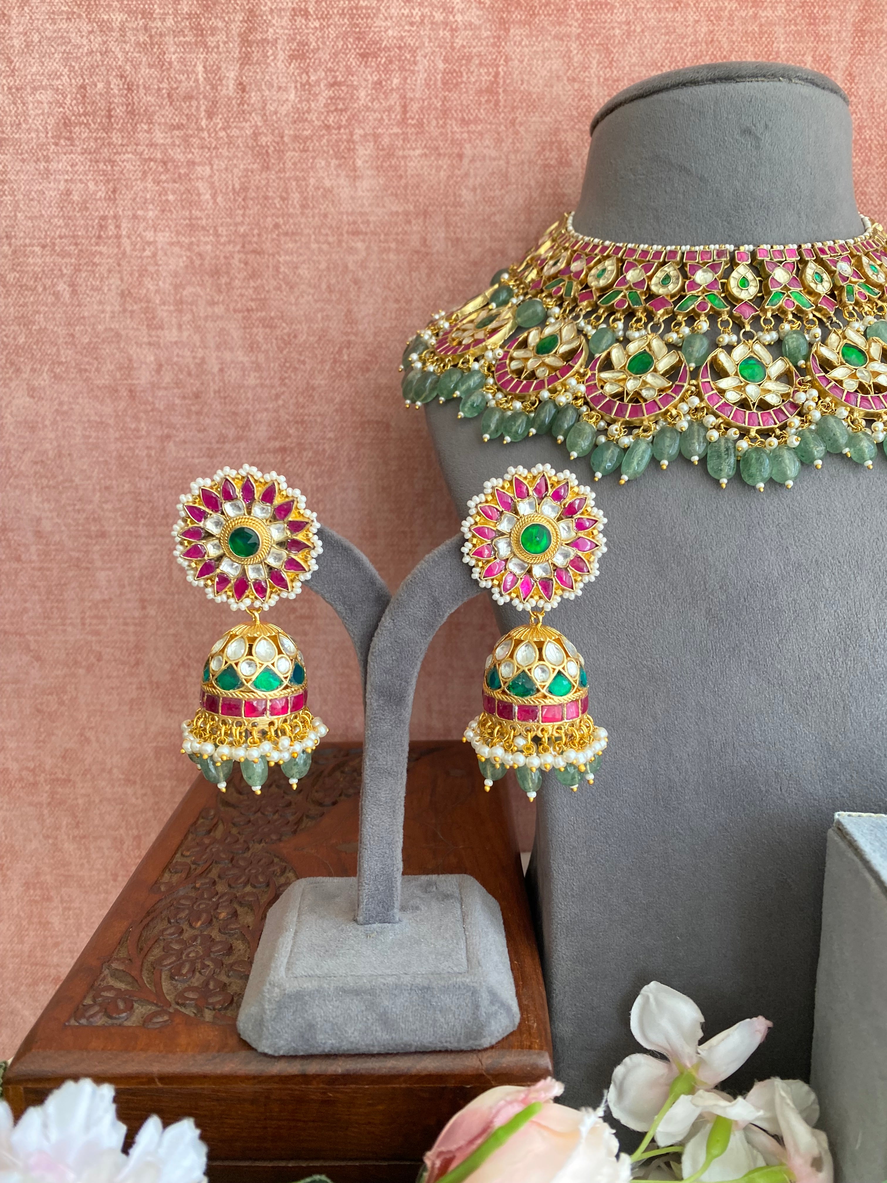 Multicolour kundan Bridal Set in Mint drops