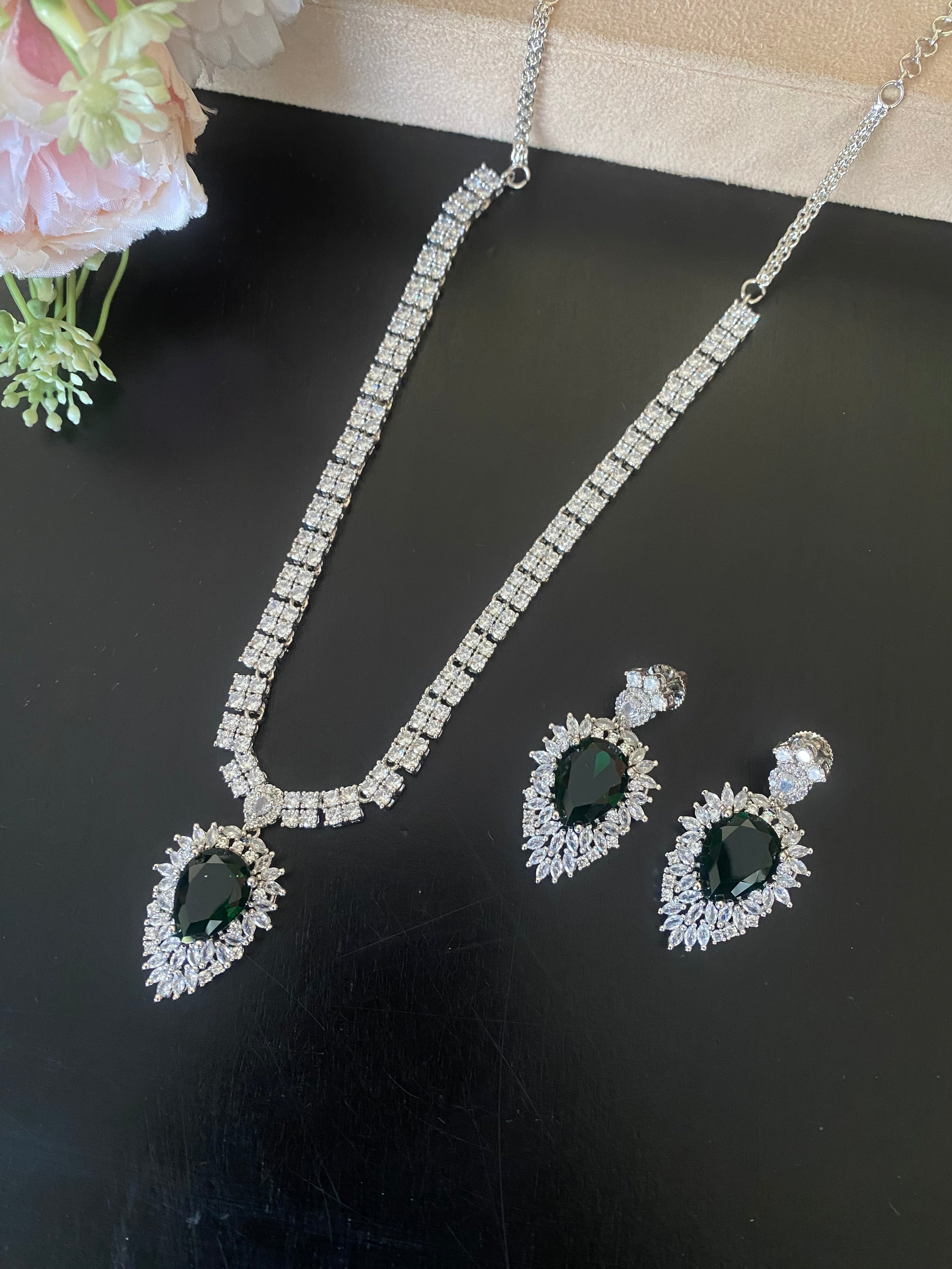 Silver Plated Emerald Diamond Long Necklace set