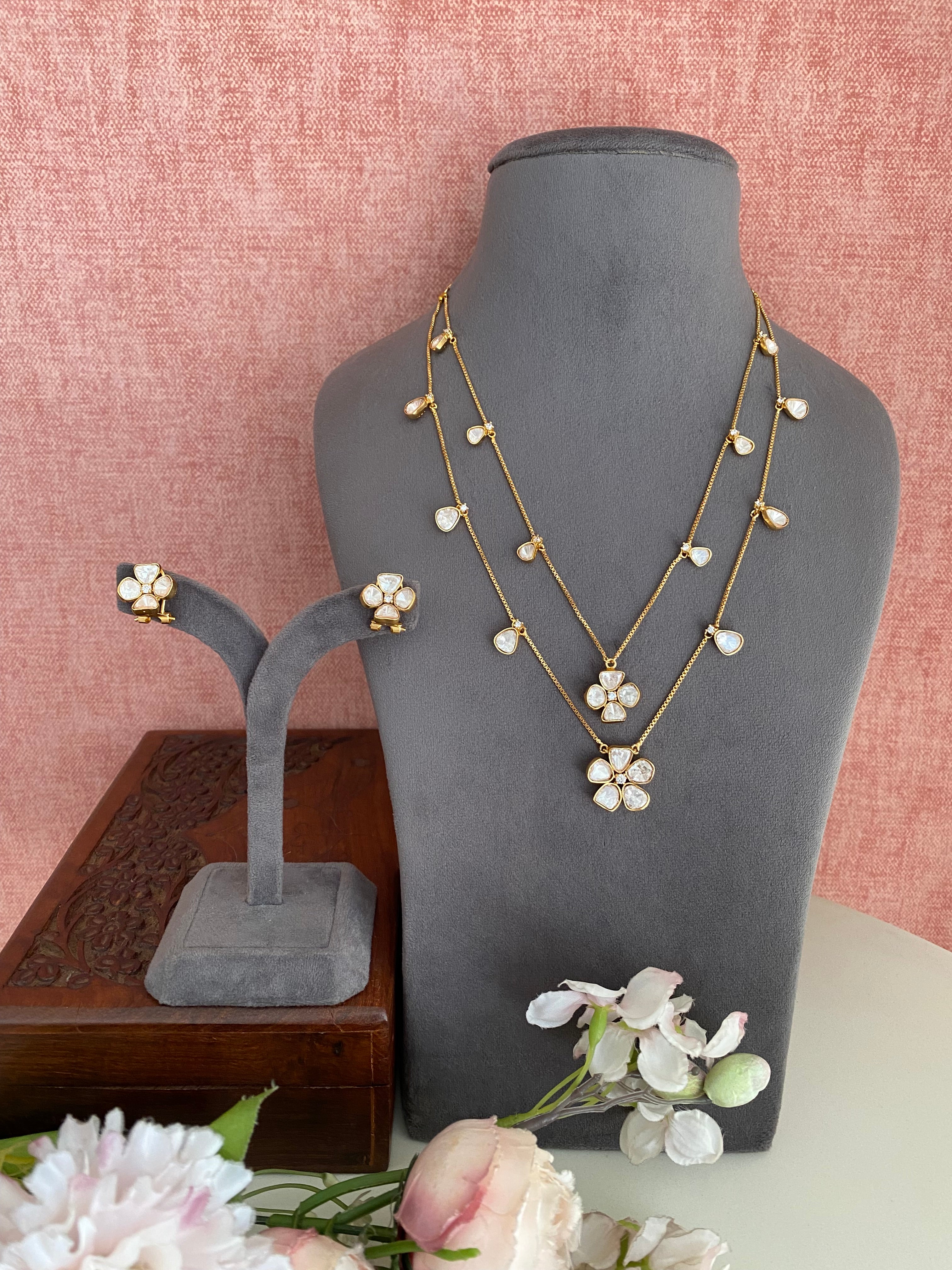 Gold plated Moissanite Double Line Pendant Set