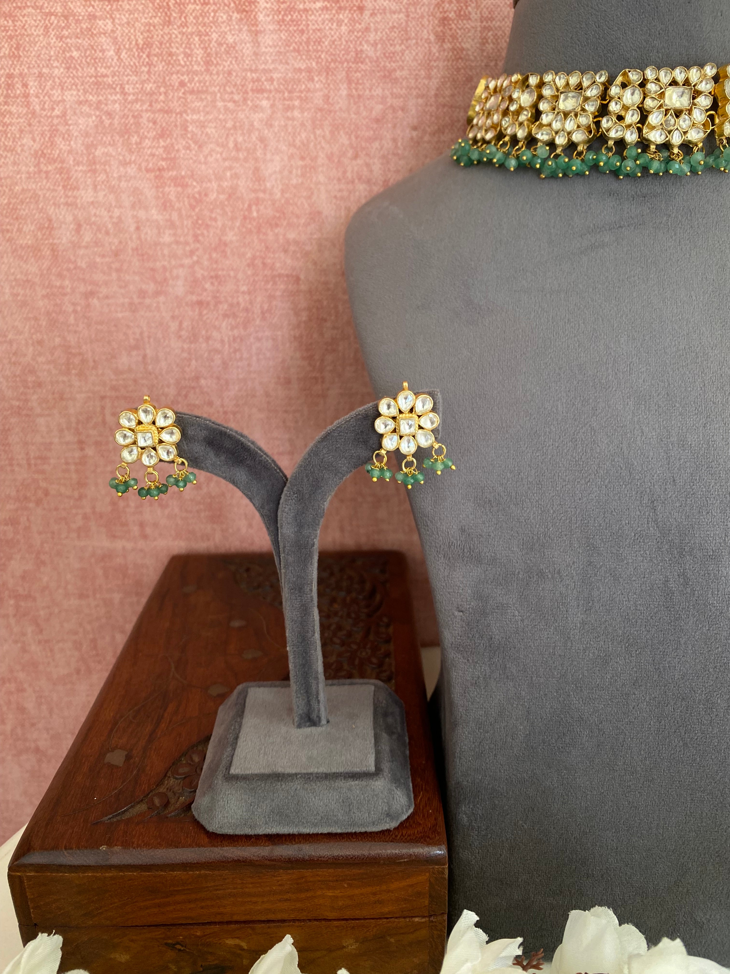 Gold plated Kundan Choker Set in mint drops