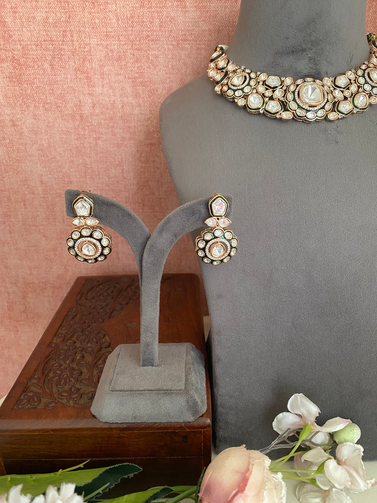 Moissanite Polki Green Necklace Set