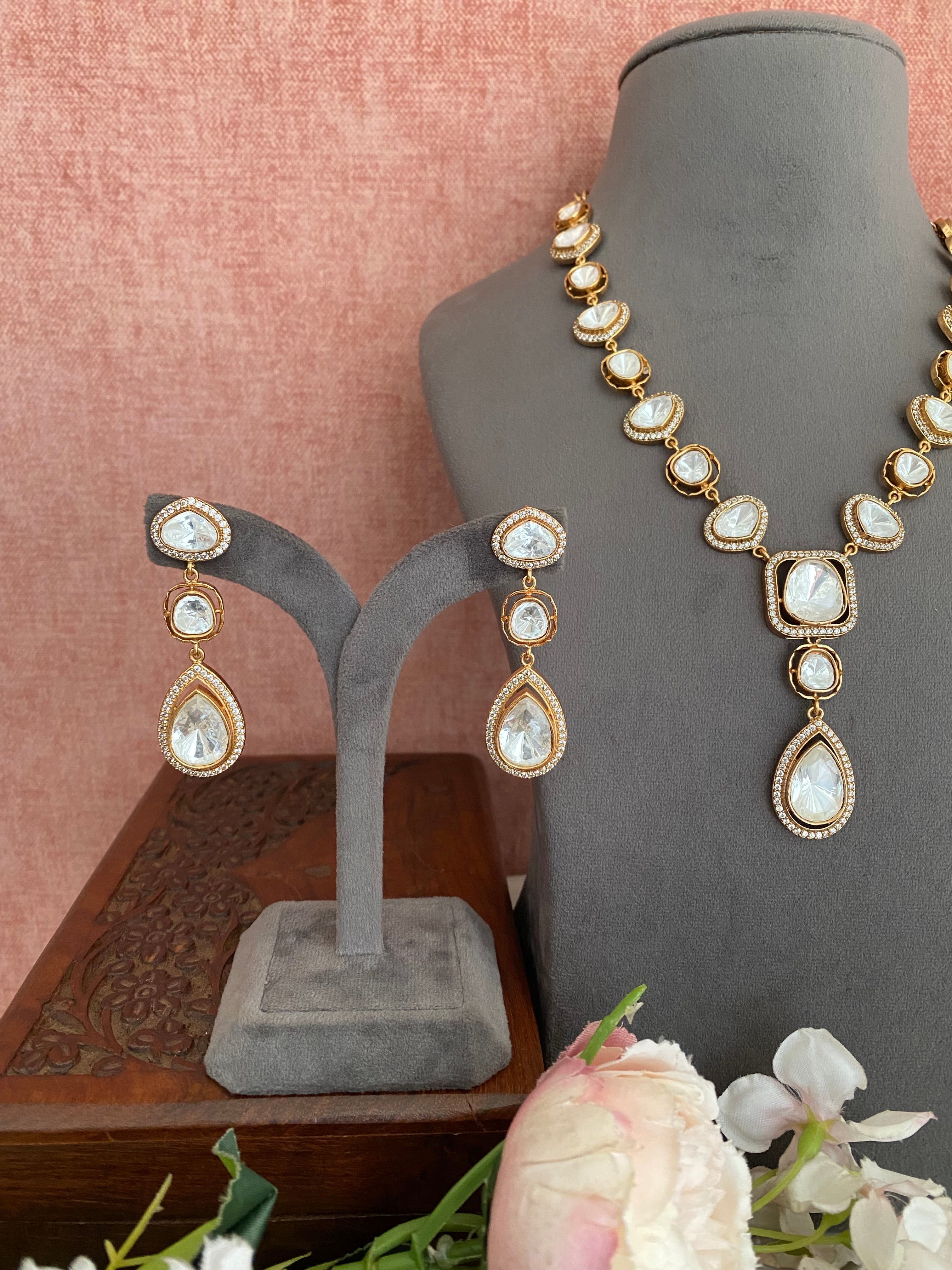 Gold plated Moissanite Long Necklace Set