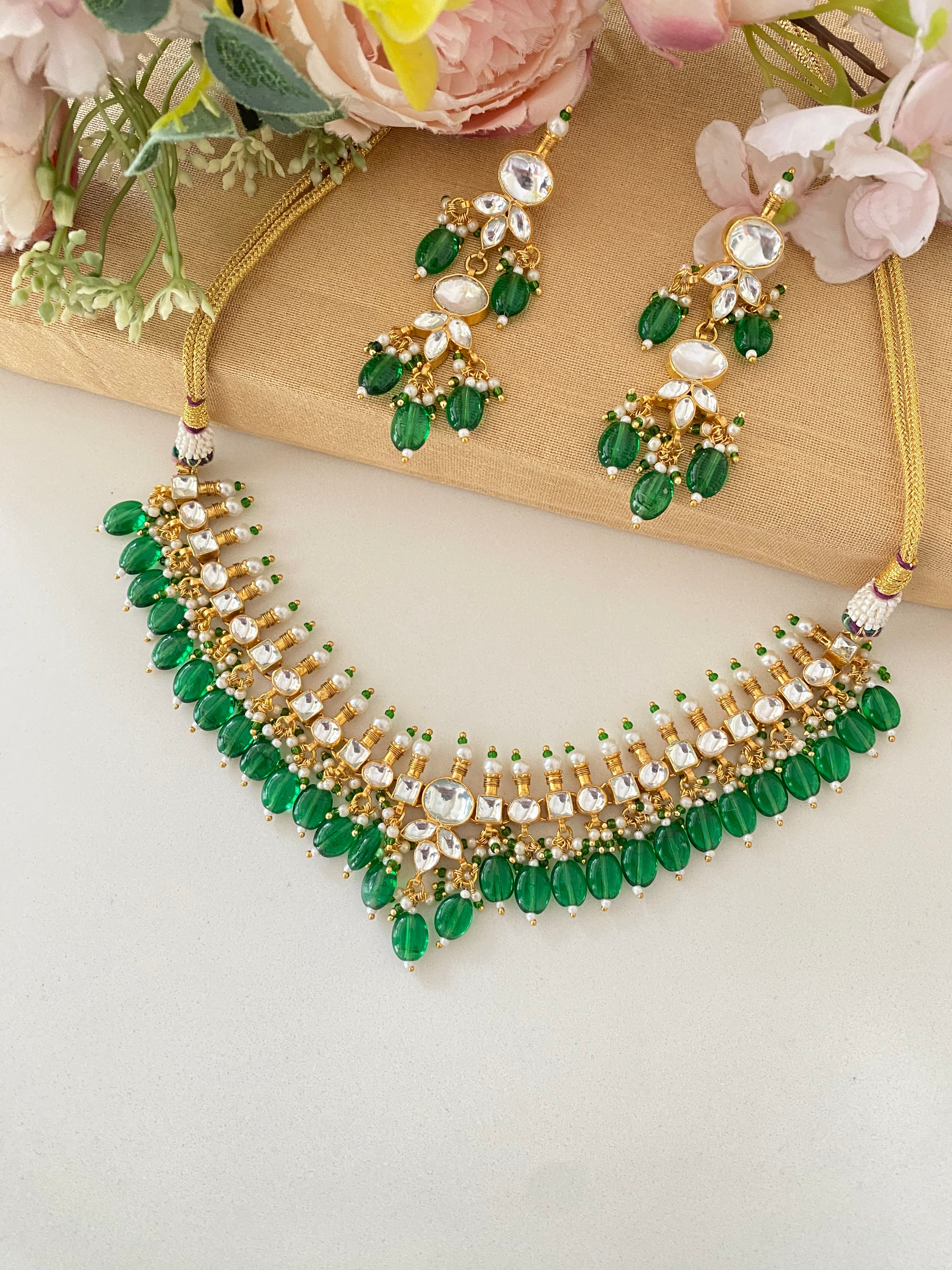 Kundan Gold plated Necklace Set in green drops