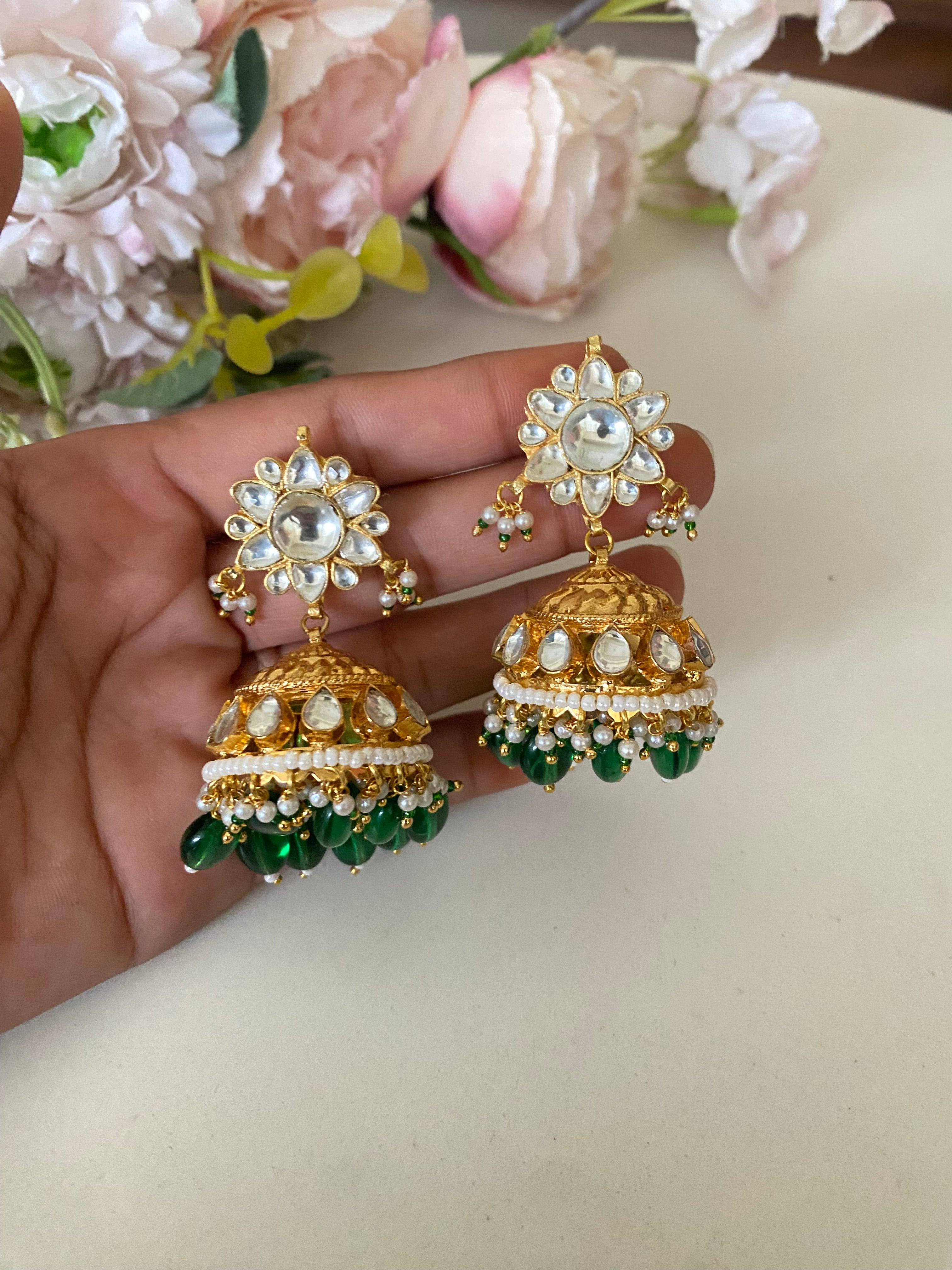 Gold Plated Kundan green drop Jhumka