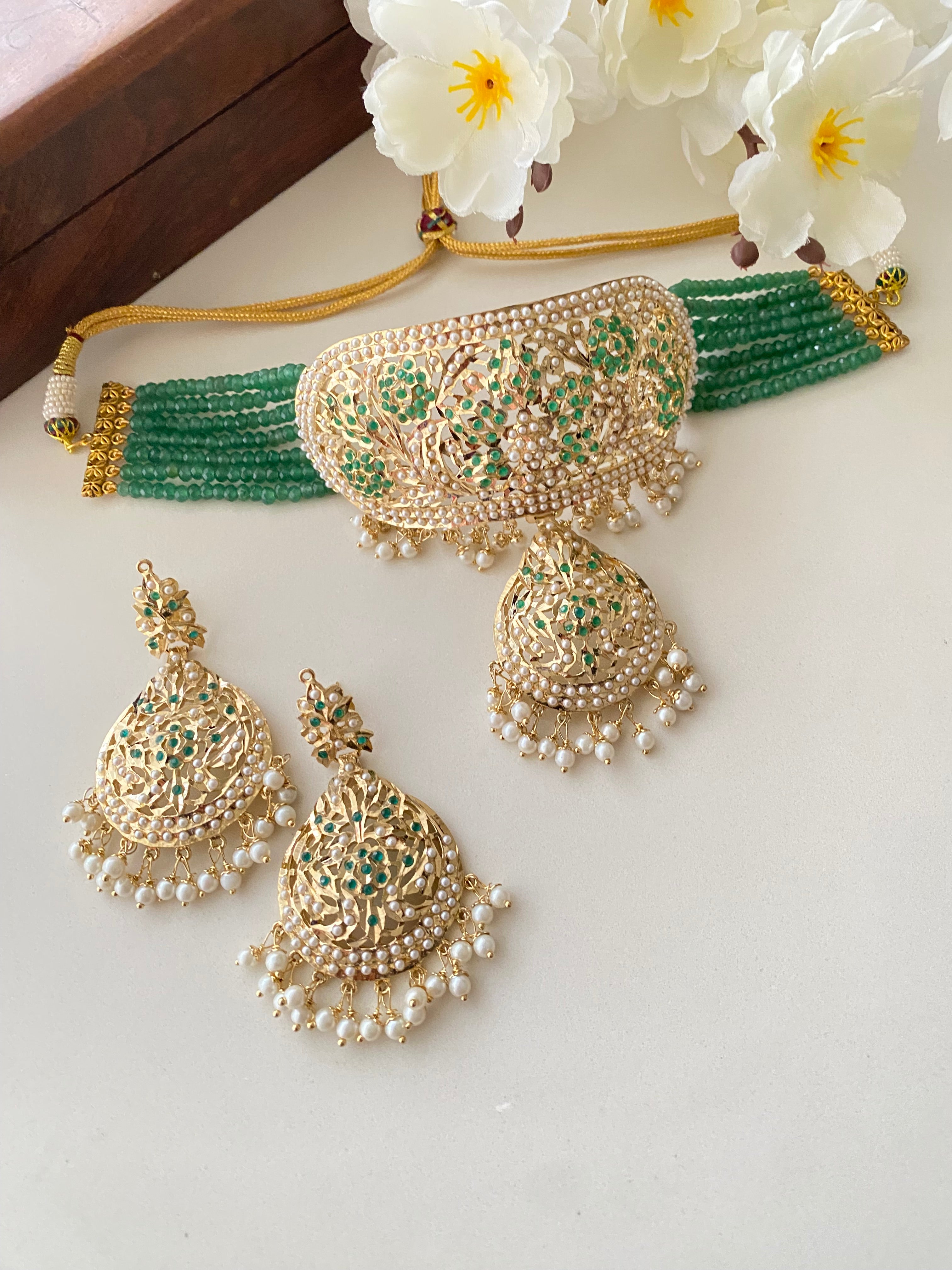 Amritsari Jadau Gold Plated Green Choker Set