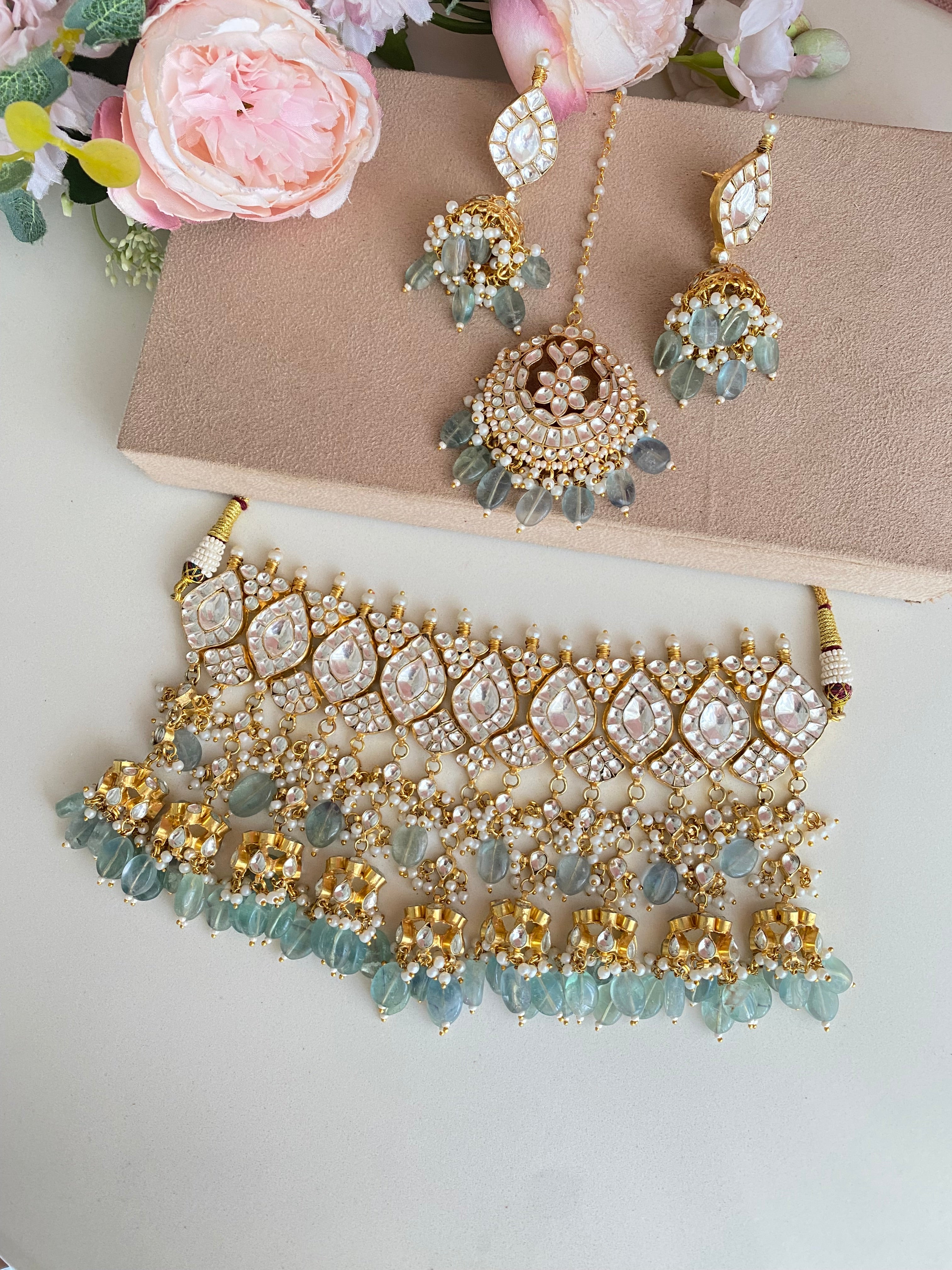 Kundan Bridal Necklace Set in Mint Drops