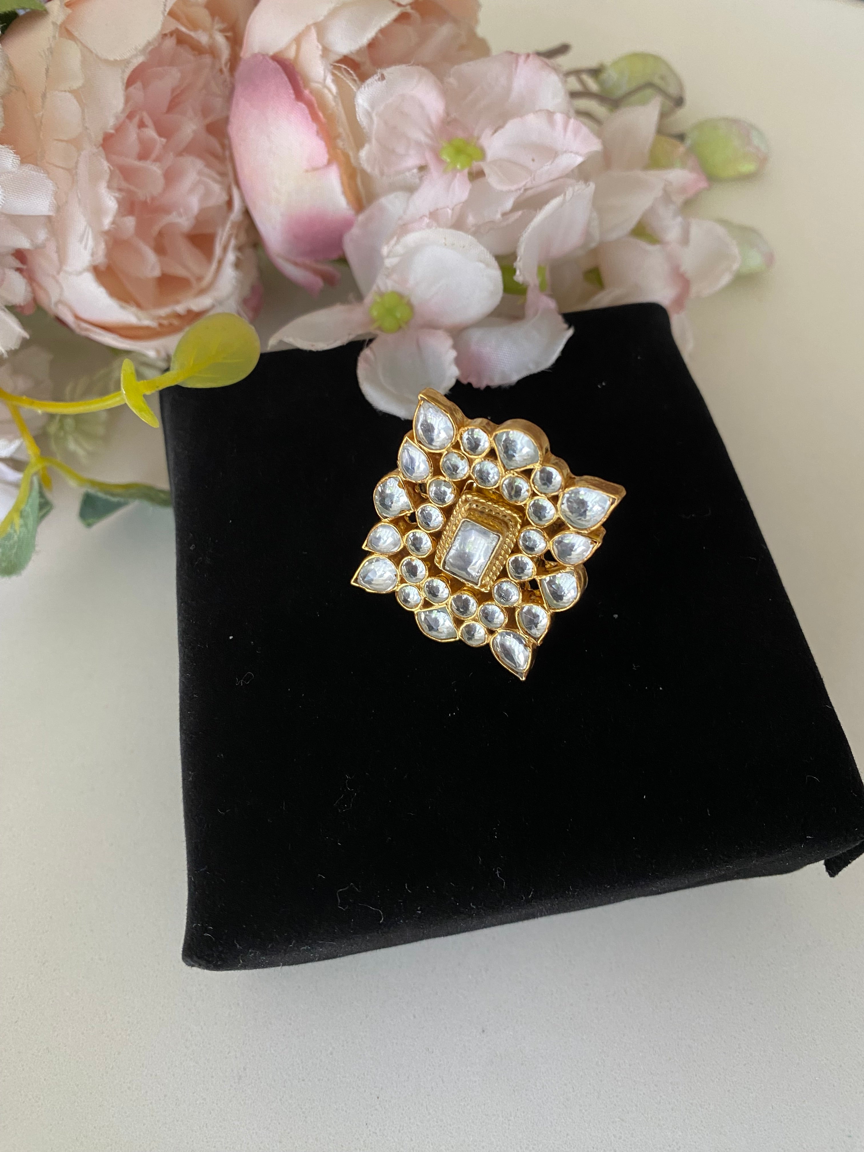 Gold plated Square Kundan Ring