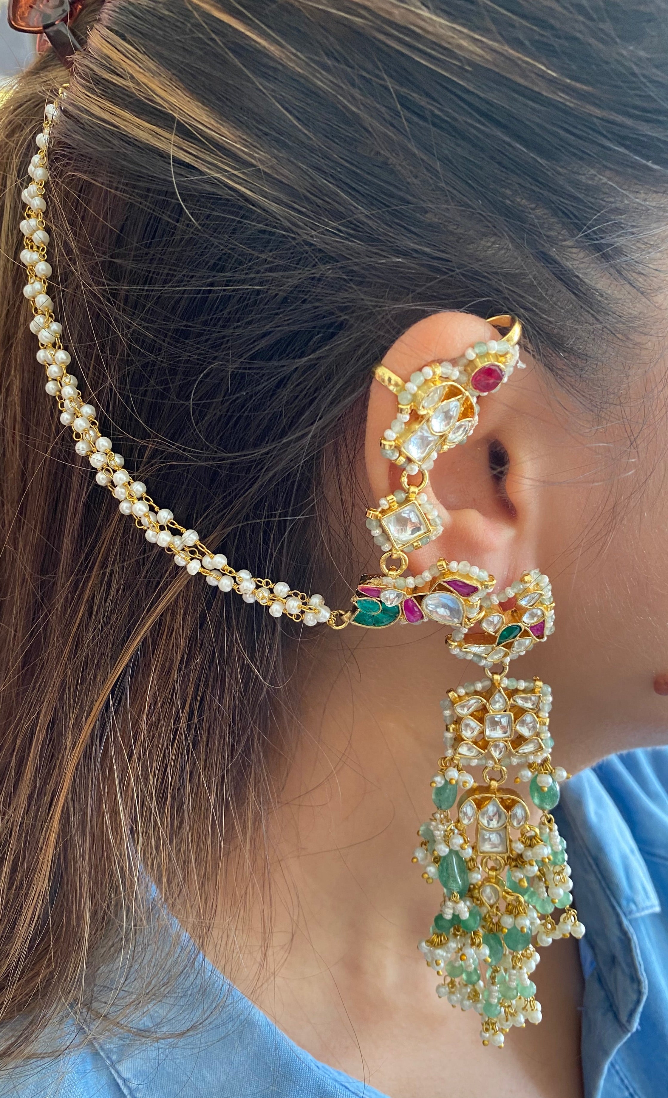 Multi color Kundan ear cuffs in Mint drops