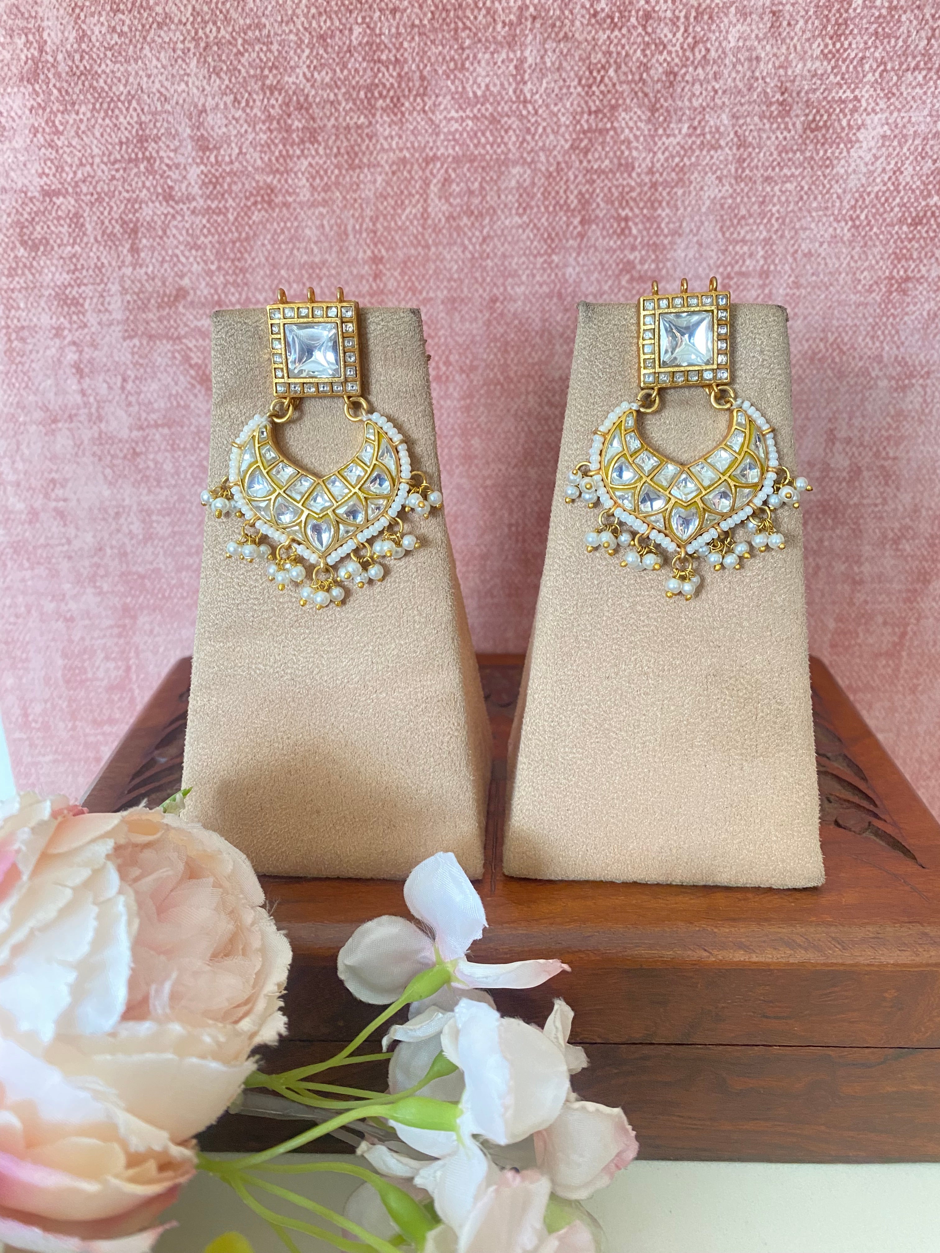 Gold Plated Kundan Earrings in green drops
