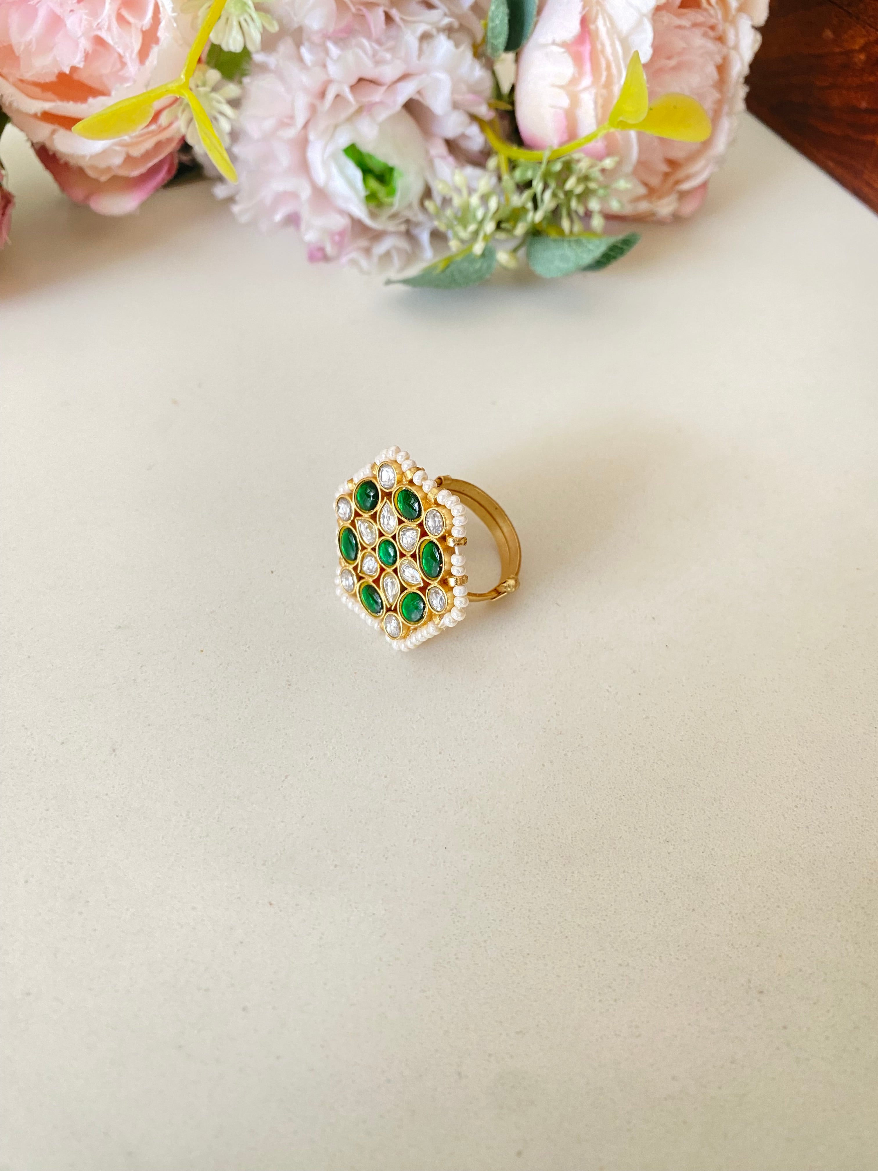 Gold plated Kundan green ring