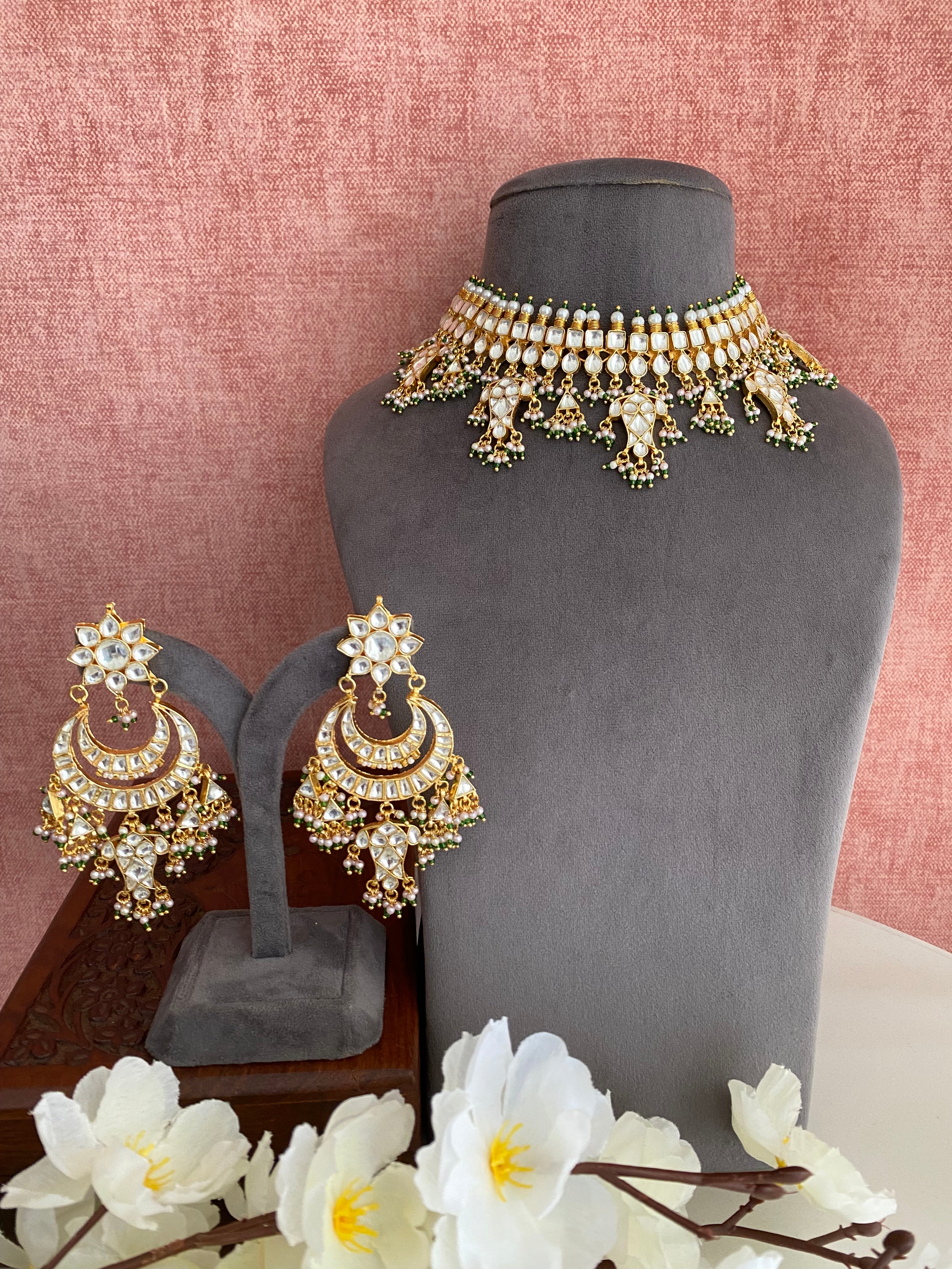 Kundan Gold plated Bridal Necklace Set in mint drops