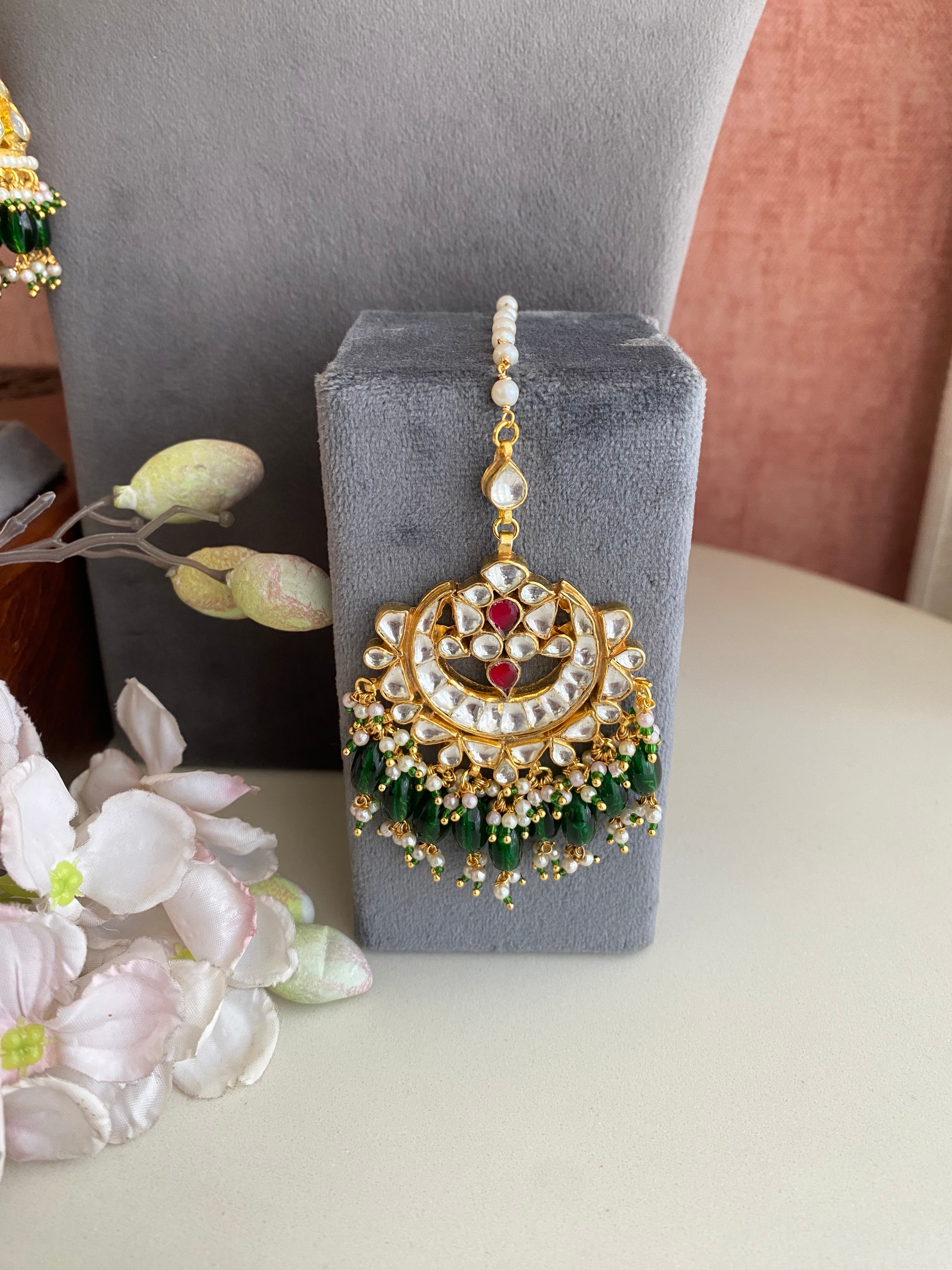 Kundan Gold plated Bridal Necklace set in Green Drops