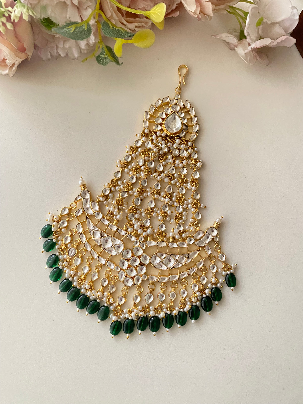 Gold plated Kundan Pasa in green drops