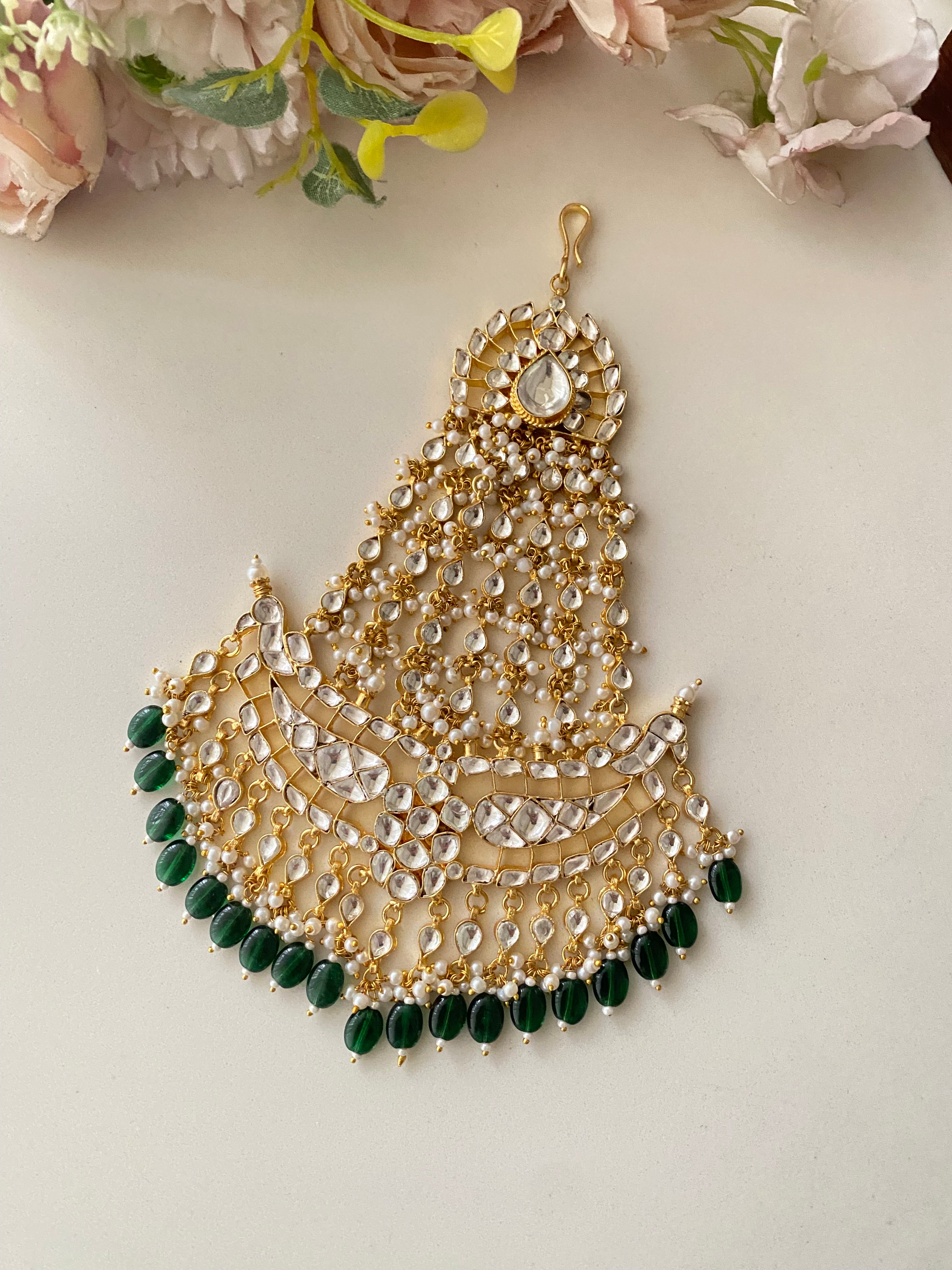 Gold plated Kundan Pasa in green drops