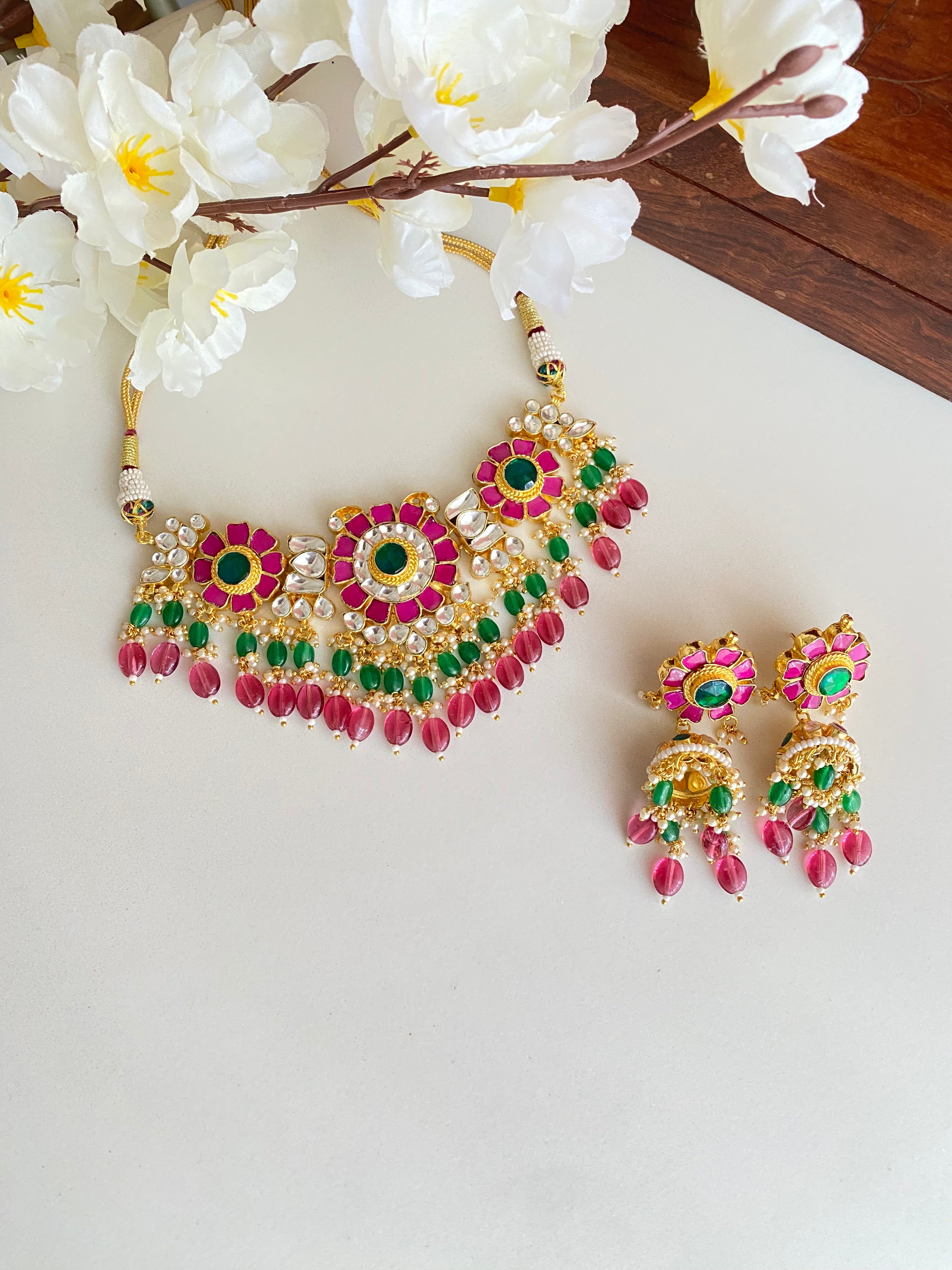 Floral Gold plated Pink Kundan Necklace Set