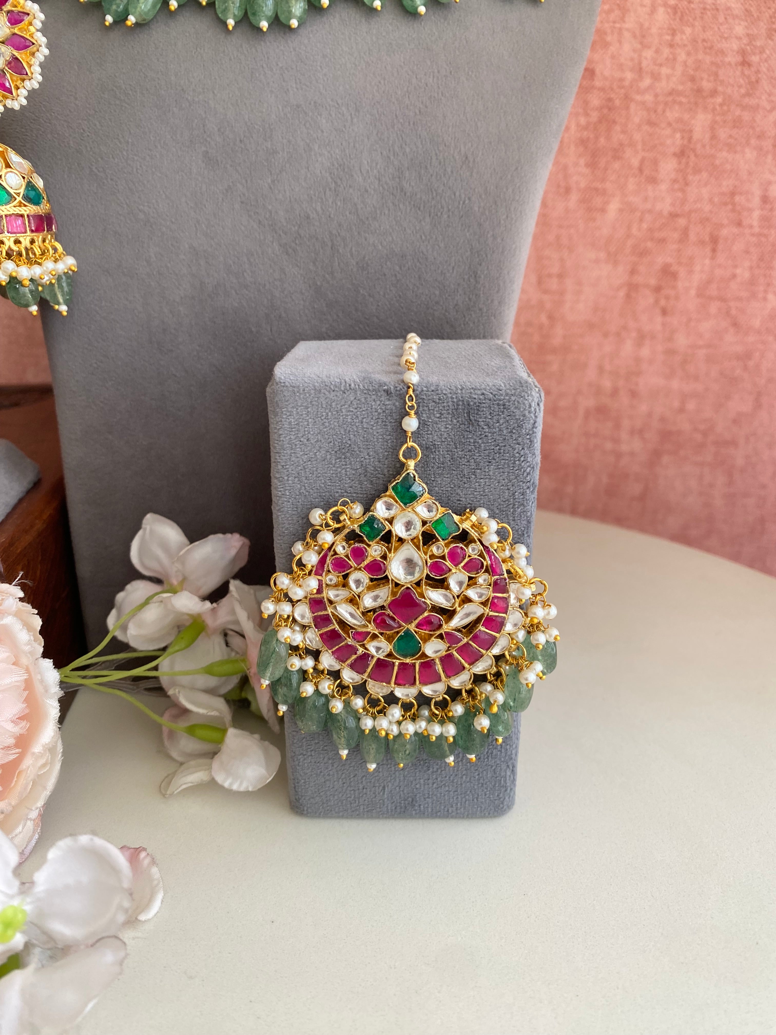 Multicolour kundan Bridal Set in Mint drops