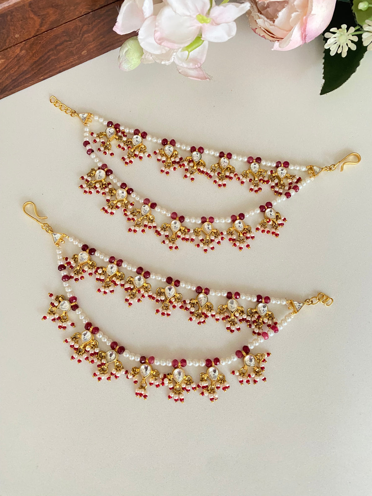 Kundan Ear Chain in red