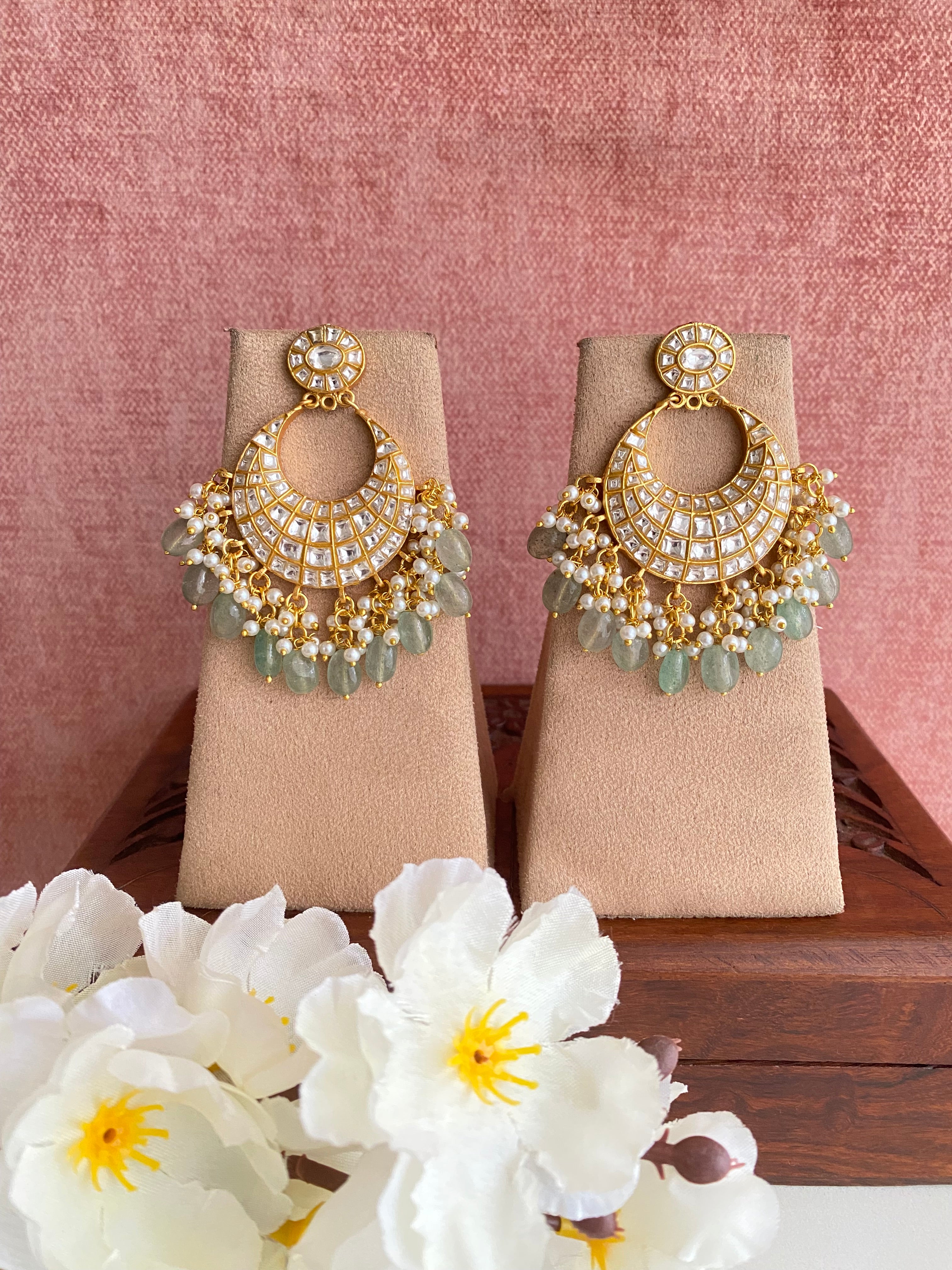 Gold Plated Kundan Chandbali in mint drops