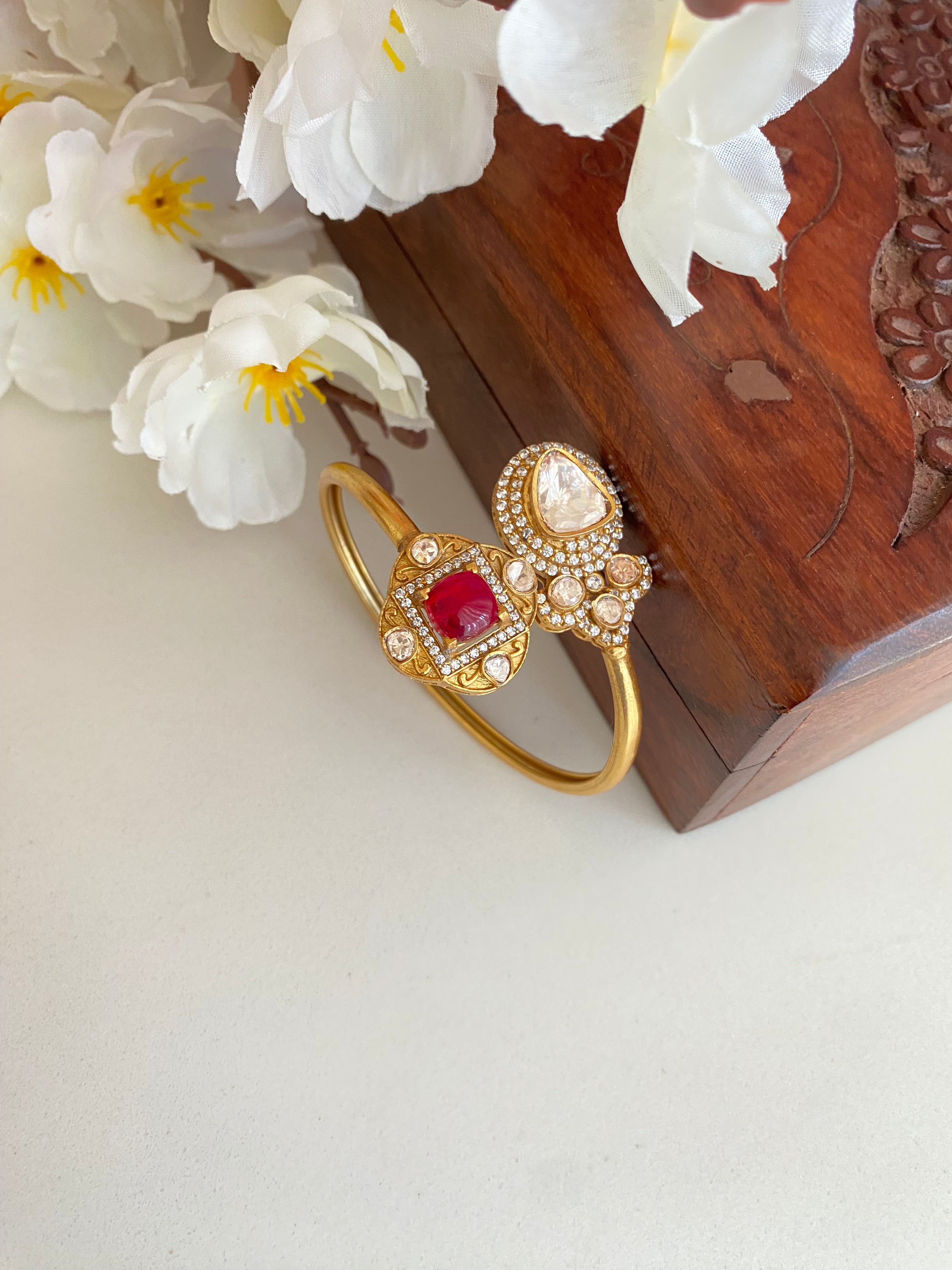 Gold plated red stone Moissanite kada
