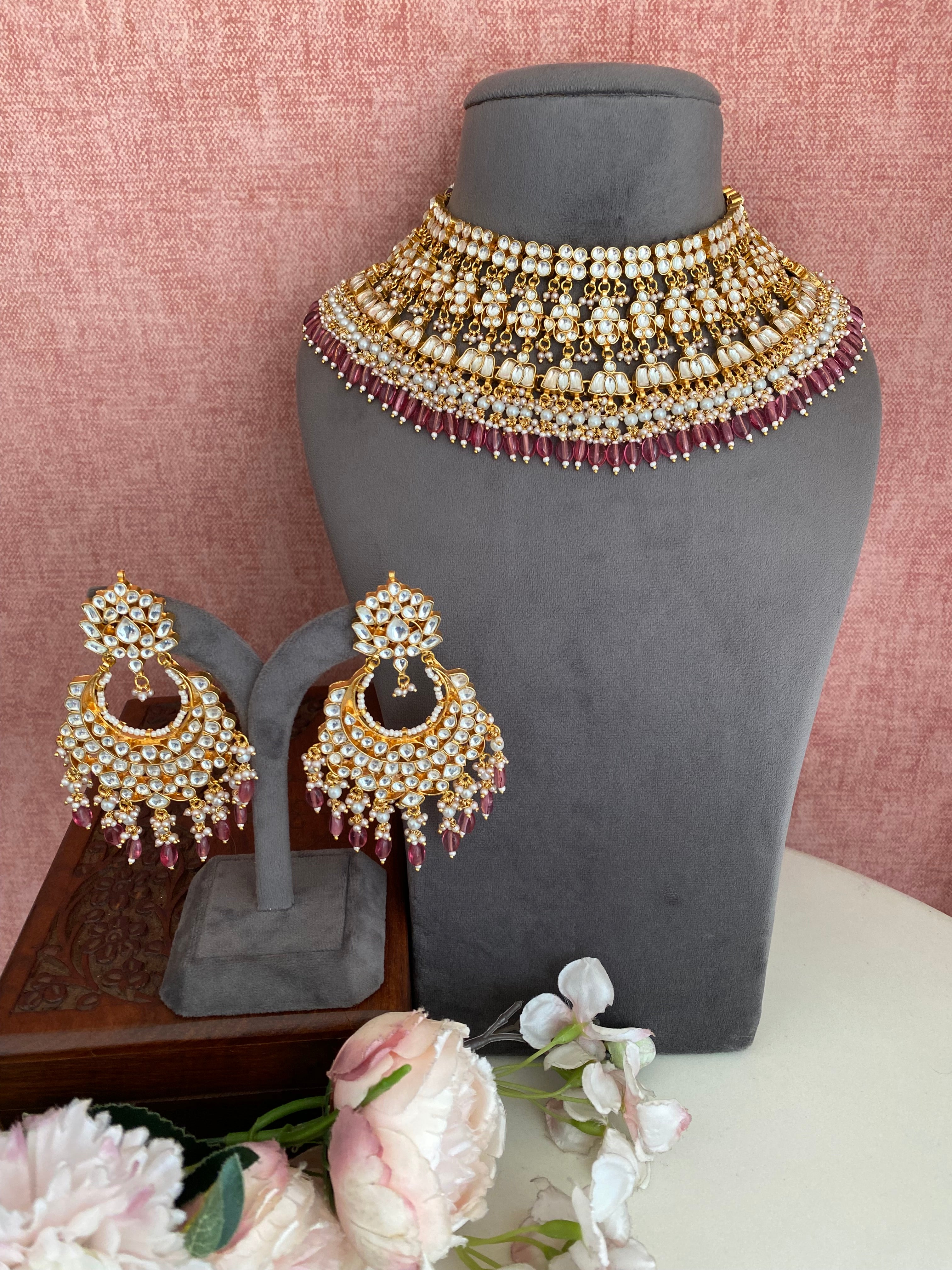 Gold Plated Kundan Necklace Set in Pink drops
