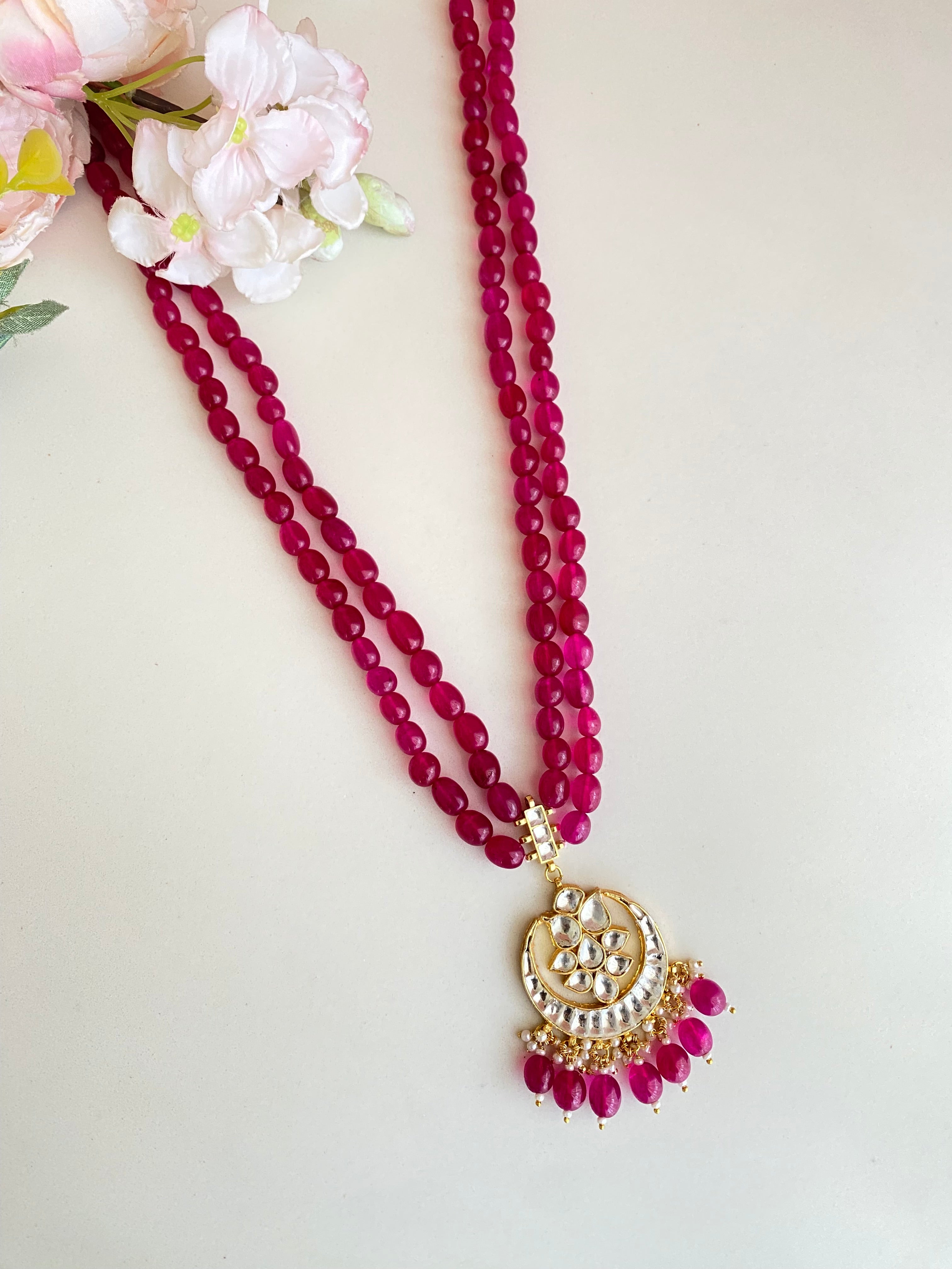 Gold plated Kundan Necklace in Pink Drops
