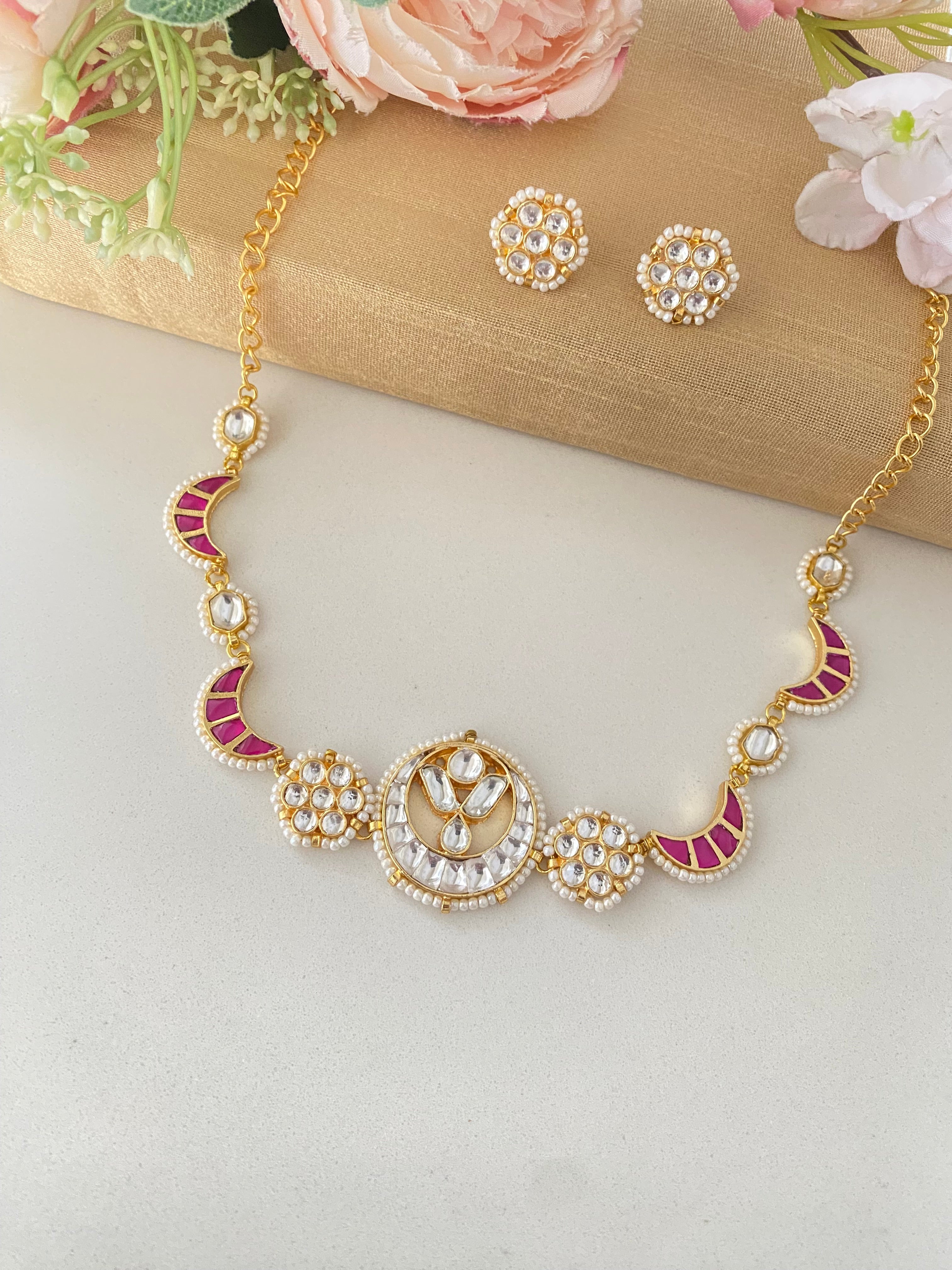 Gold plated pink Kundan Choker Set