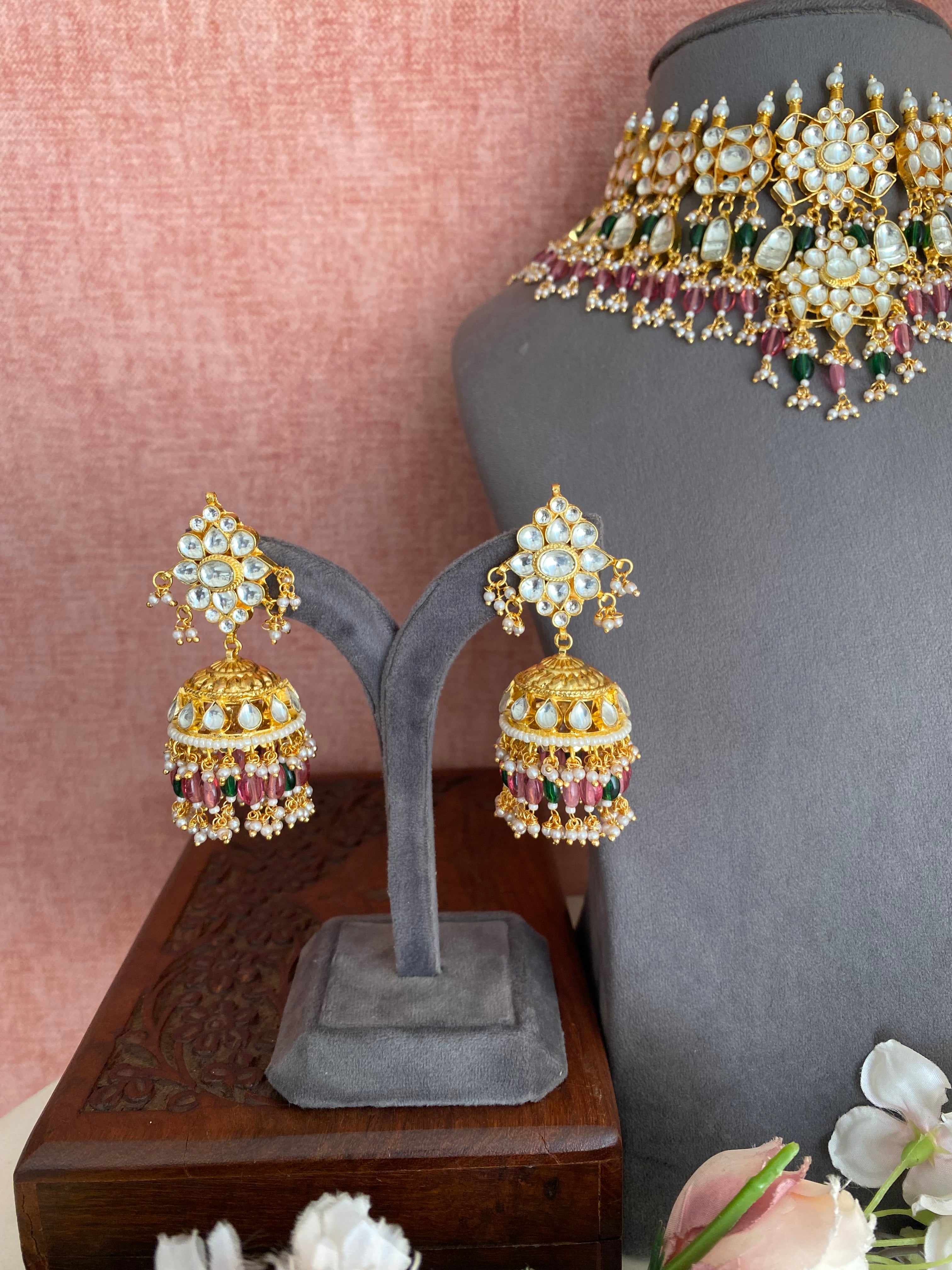 kundan Bridal Necklsce set with pink and green beads