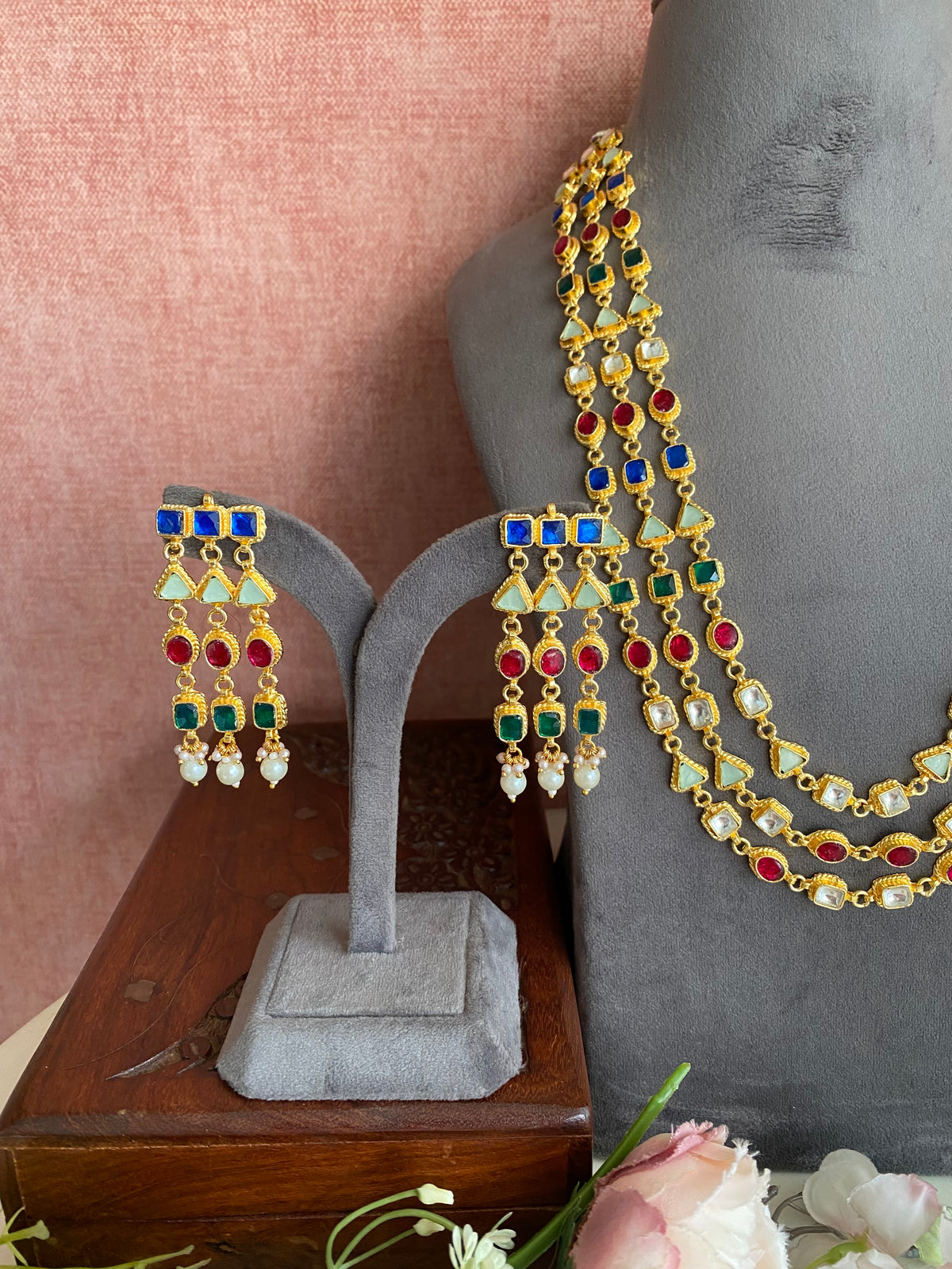 Multi colour kundan long necklace set