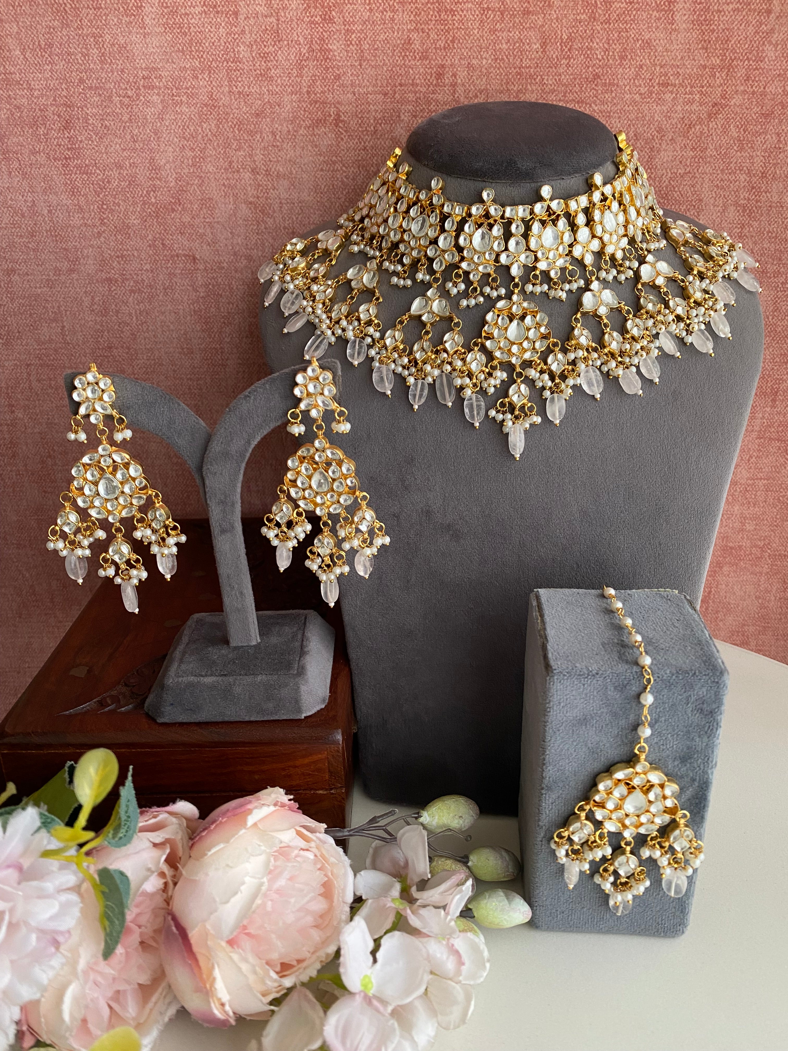 Kundan Bridal Necklace Set in Pink Drops