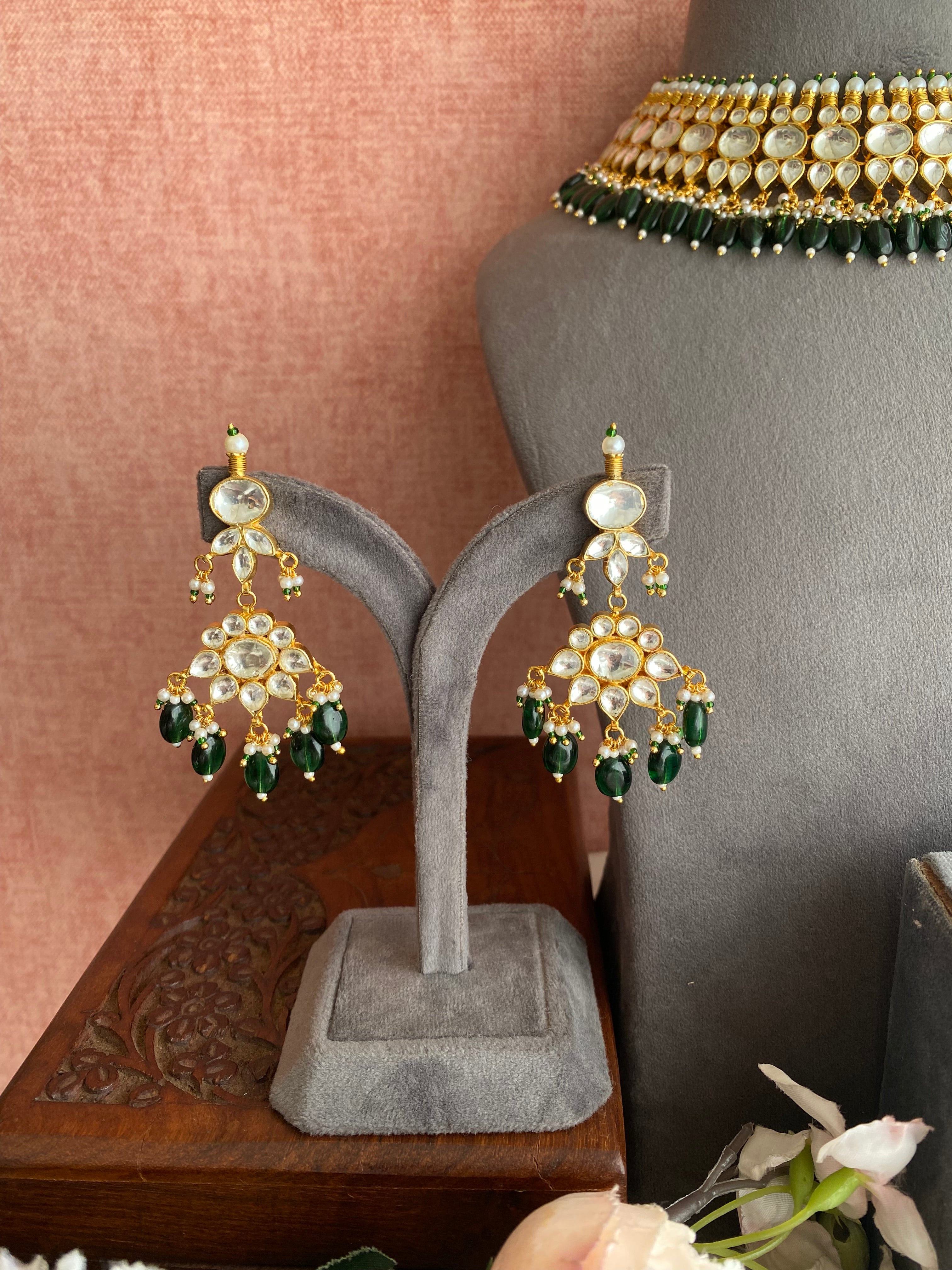 Kundan Bridal necklace set with Green Drops