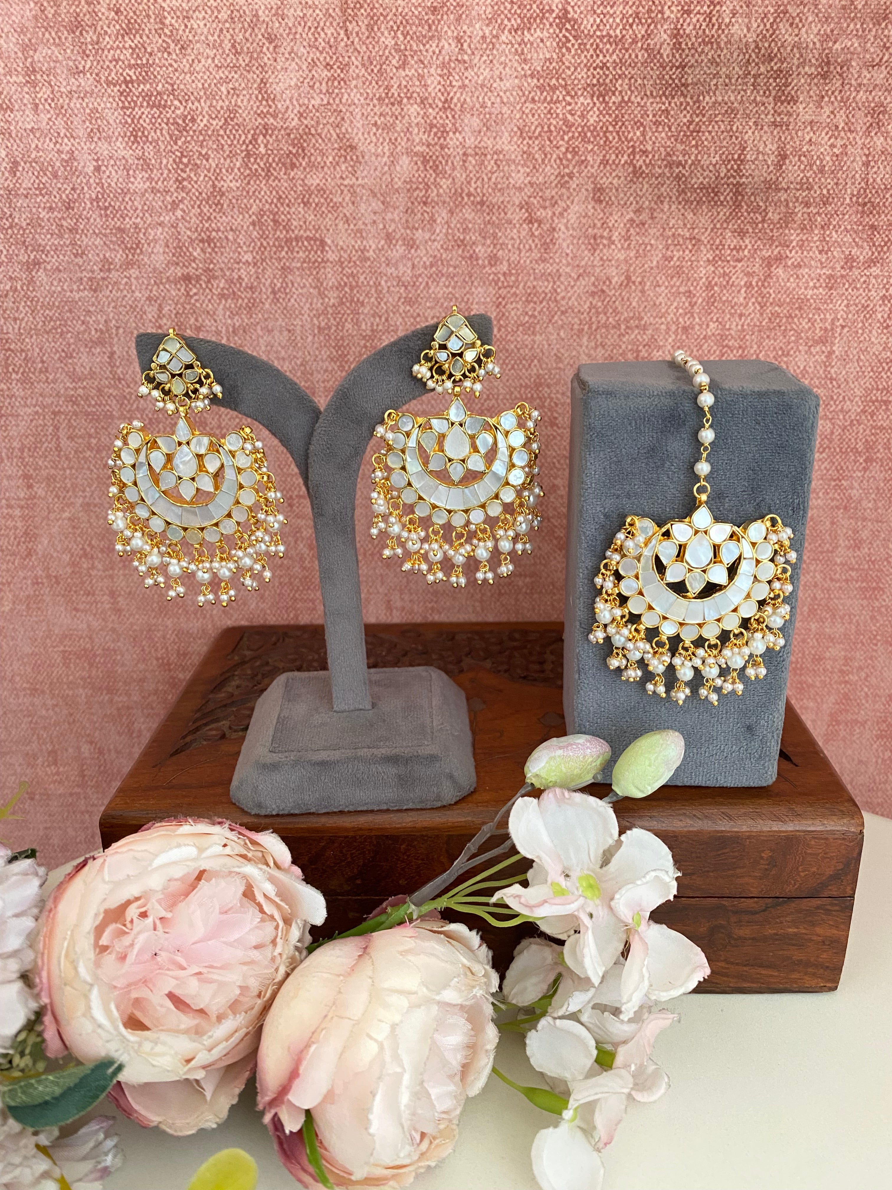 Mother of pearl earrings and Tikka set