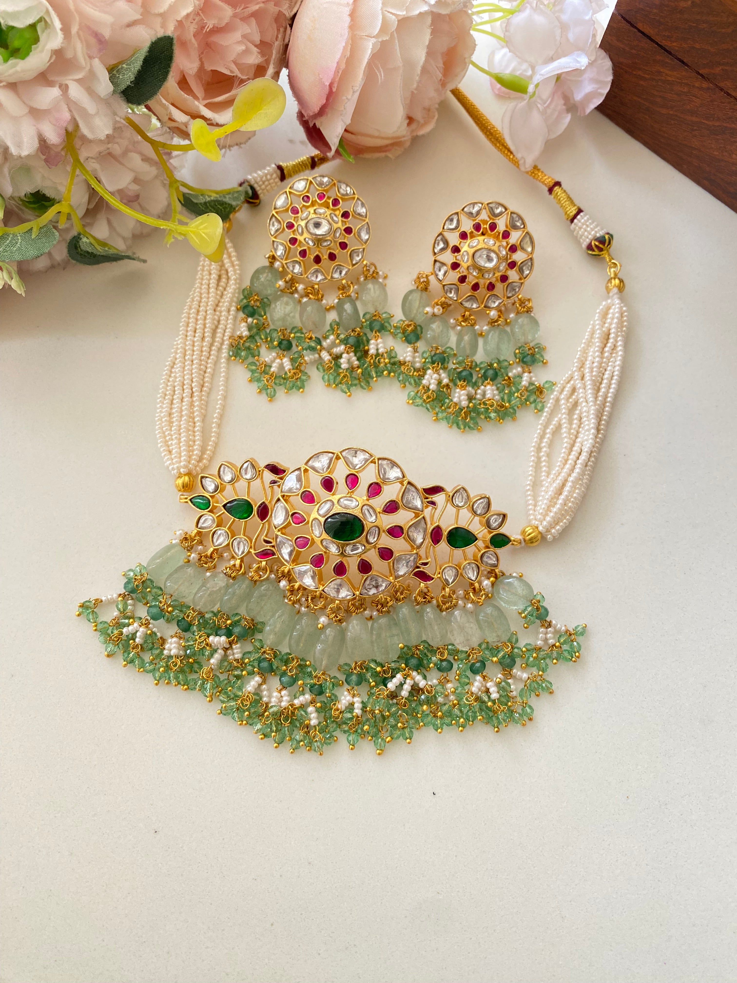 Kundan Colored Choker Set in Mint Drops