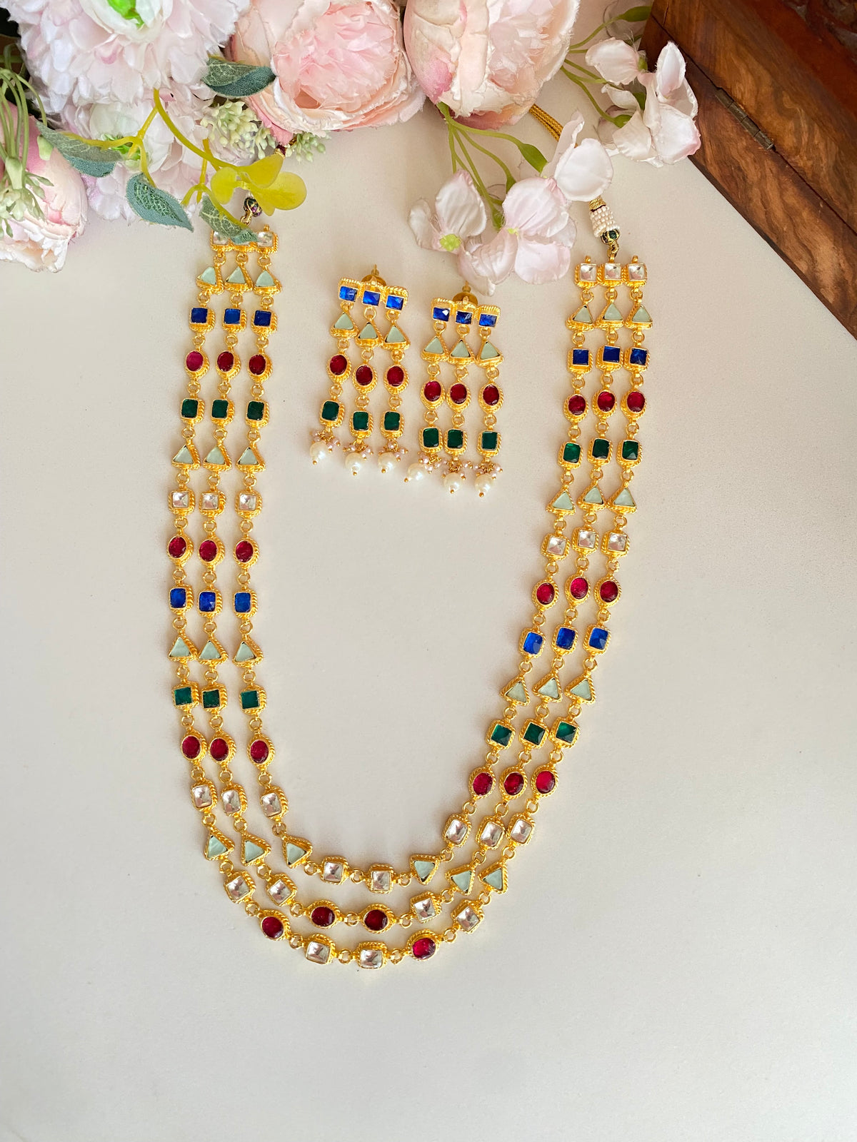 Multi colour kundan long necklace set