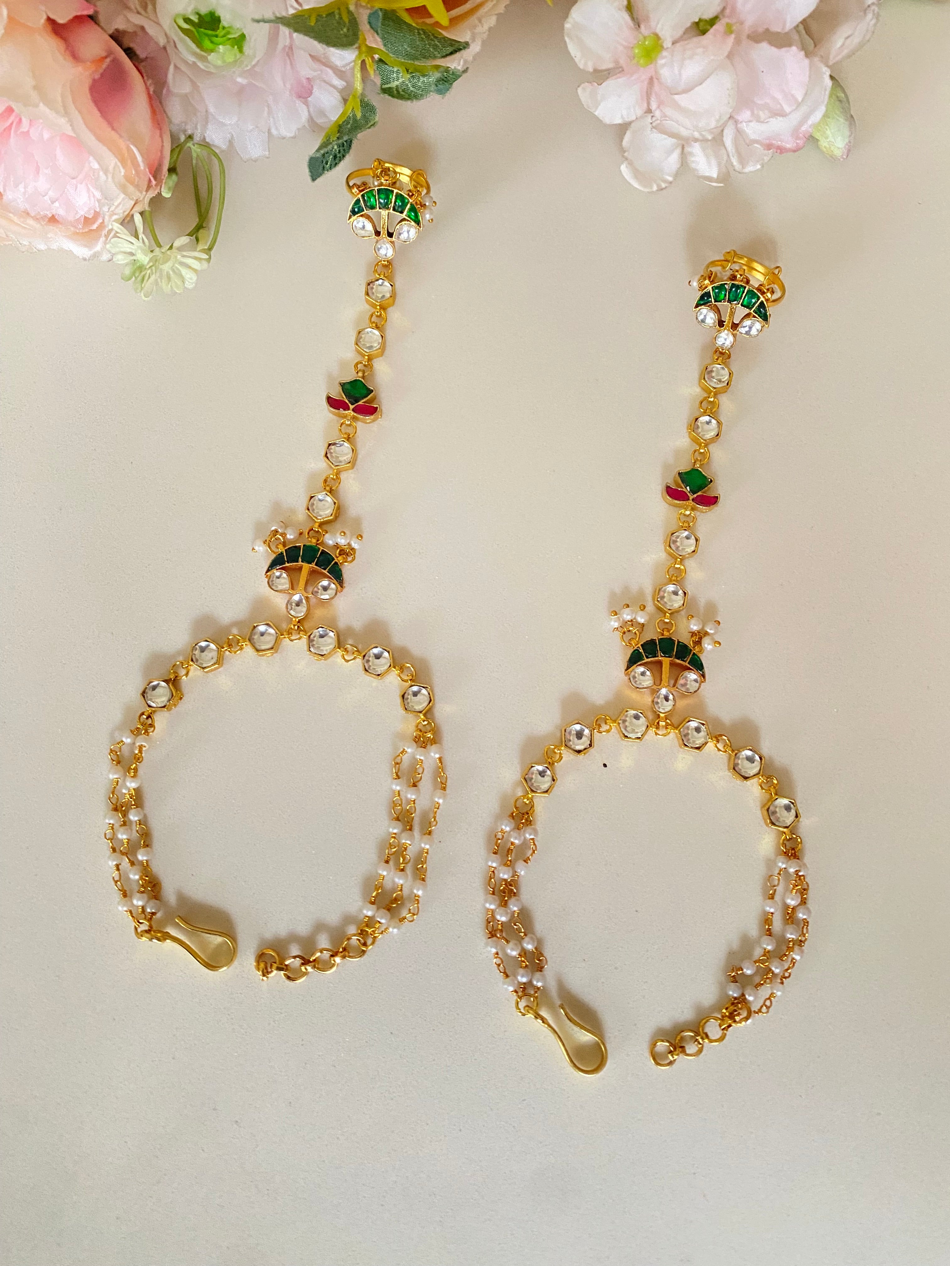 Gold Plated Pink Green Kundan Hathphool