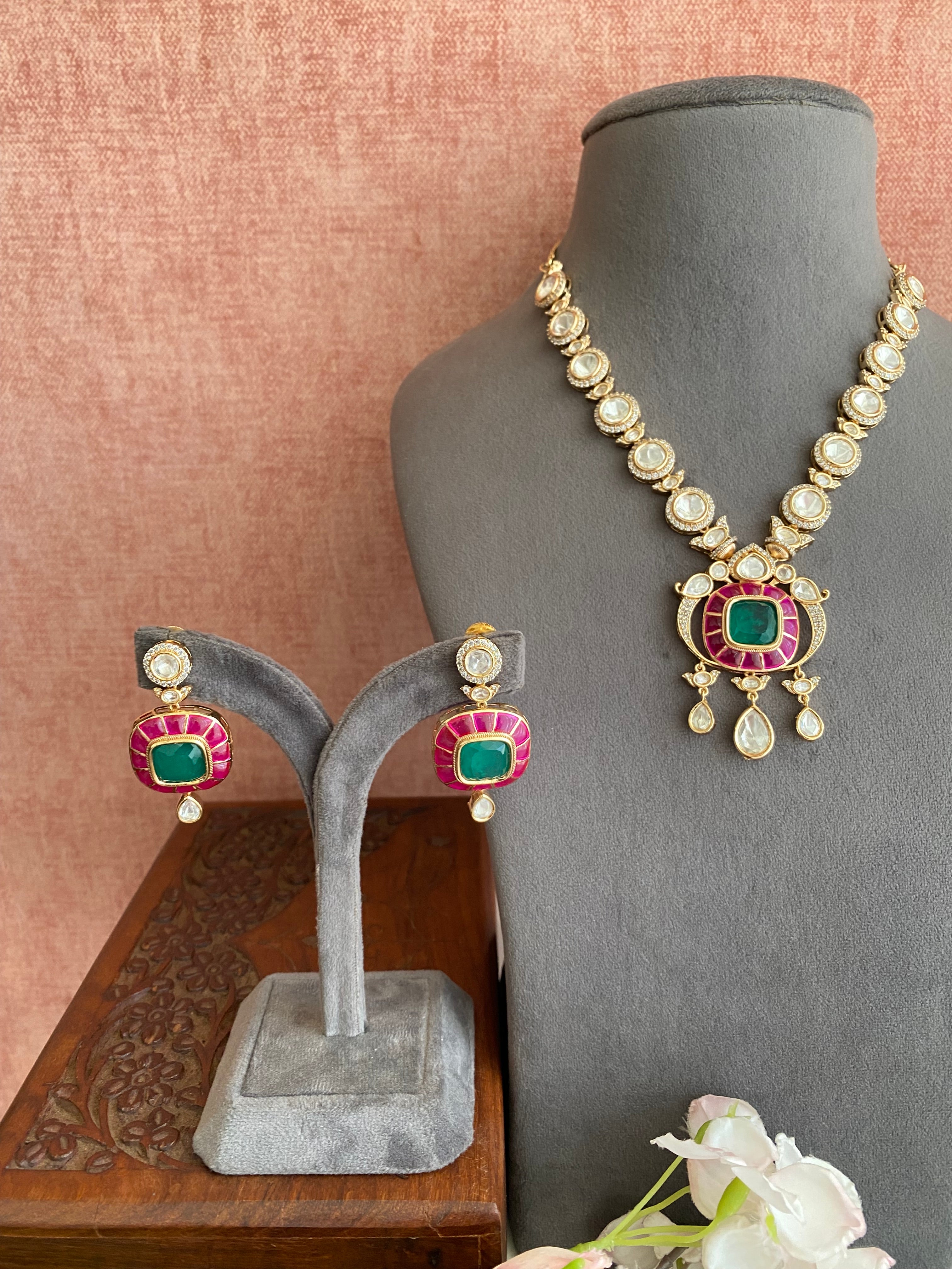 Gold plated Moissanite long necklace set