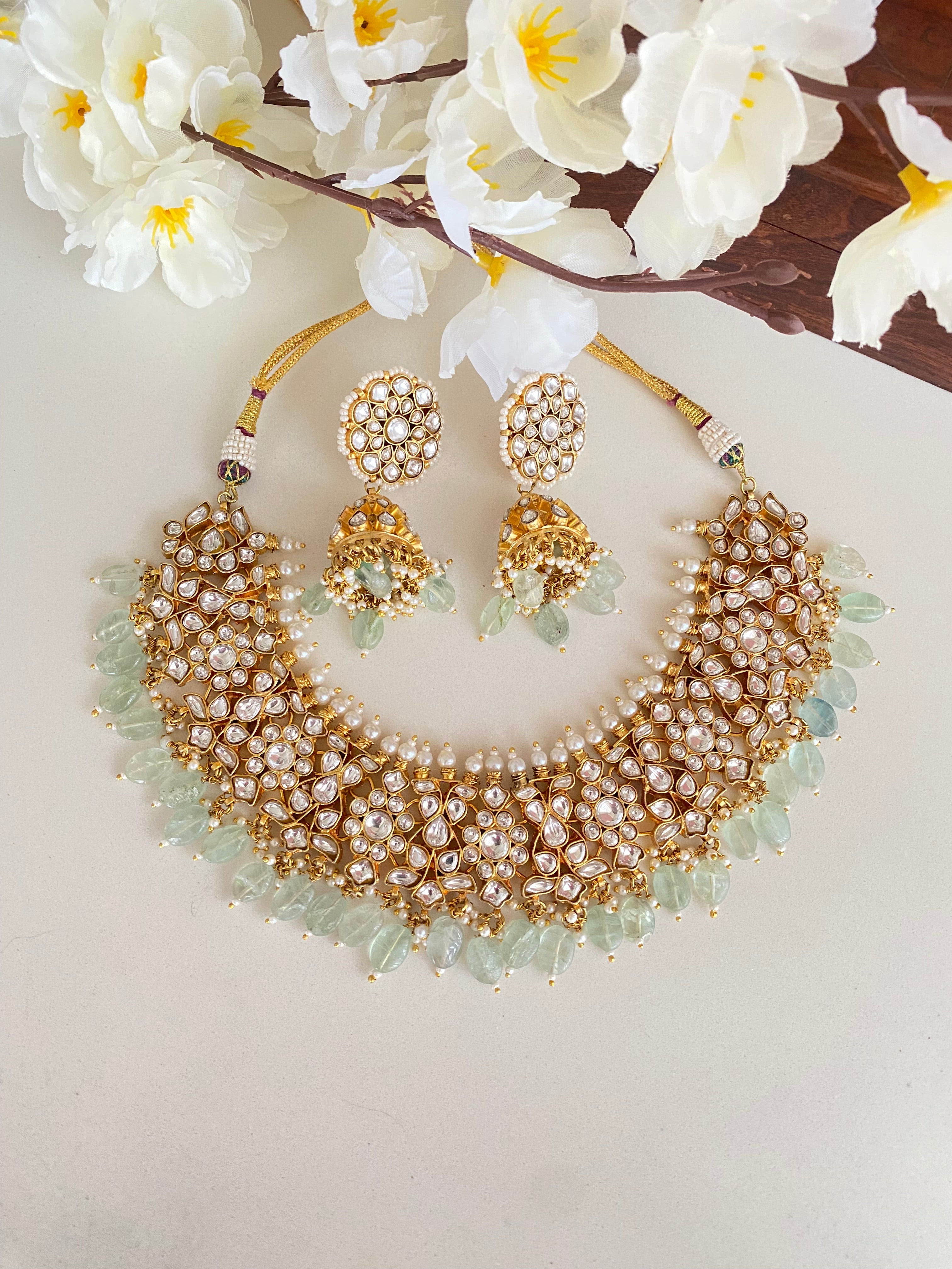Gold plated Kundan Necklace Set in mint drops