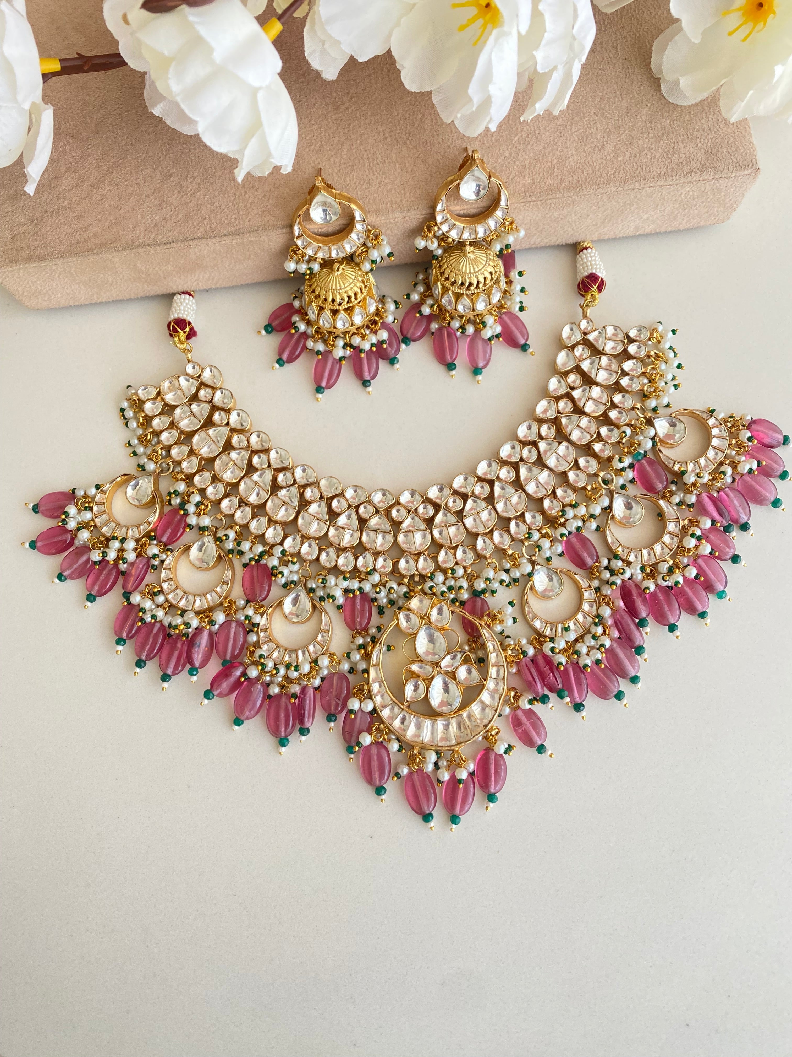 Kundan Bridal Necklace set in Pink Drops