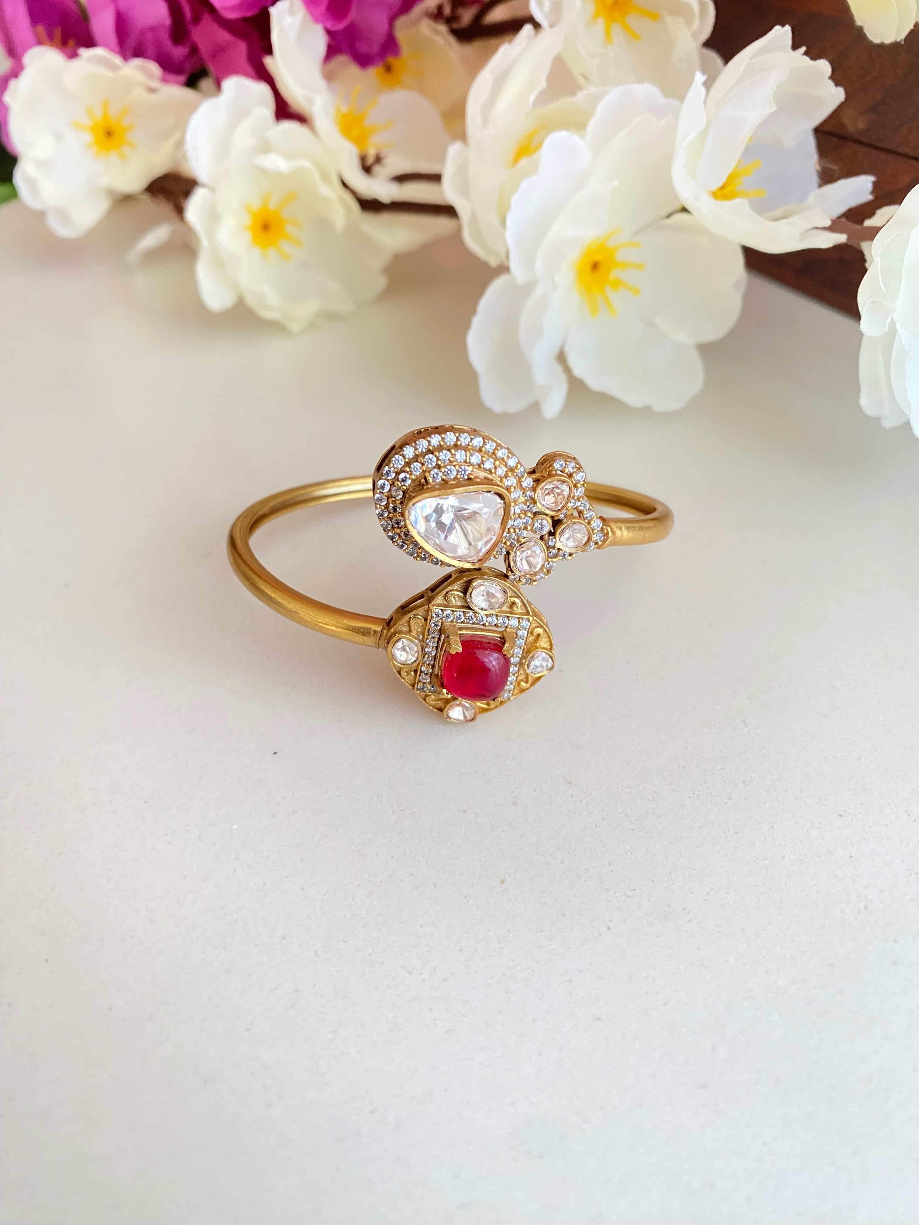 Gold plated red stone Moissanite kada