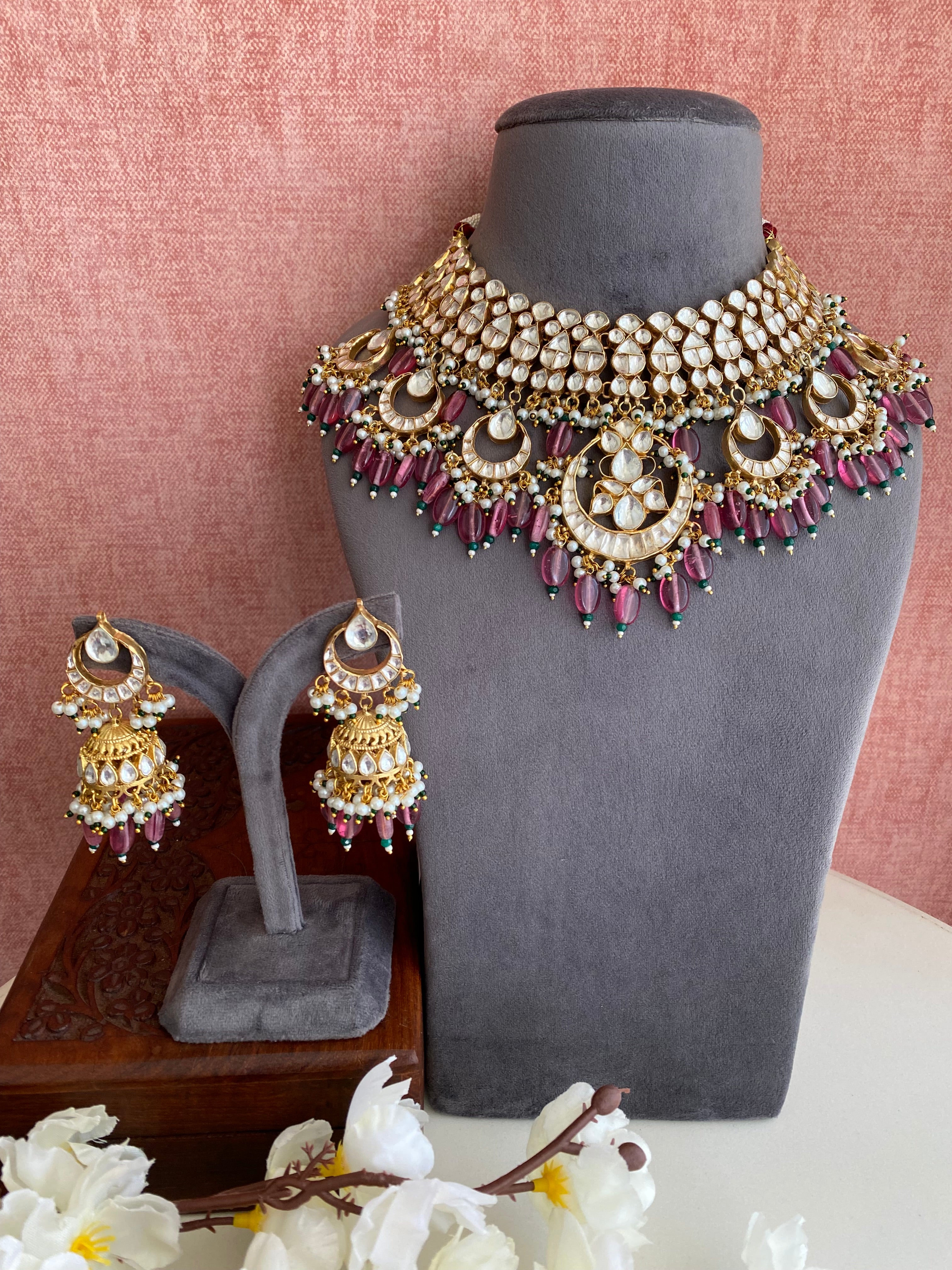 Kundan Bridal Necklace set in Pink Drops