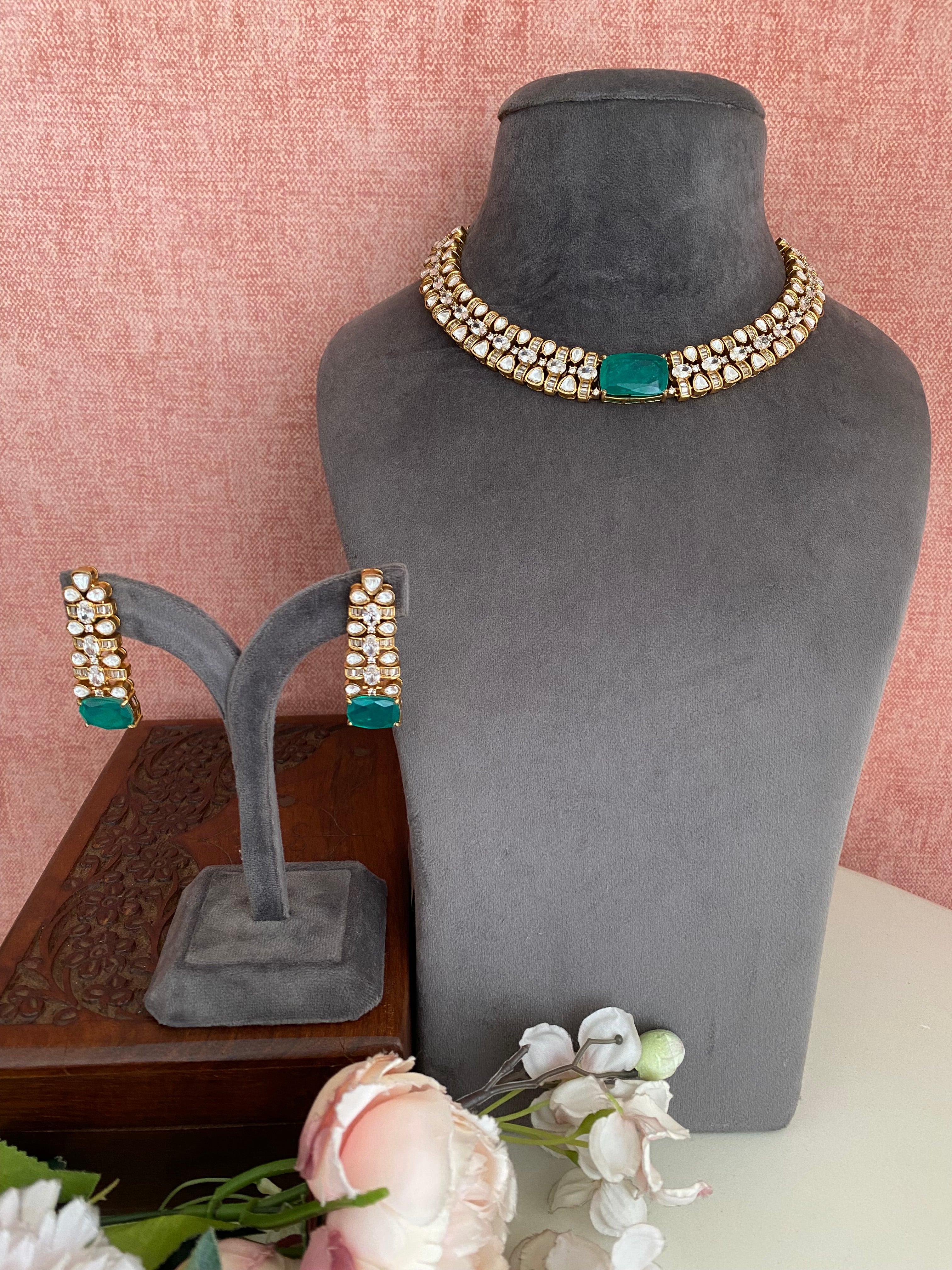 Moissanite Polki Green Stone Necklace Set