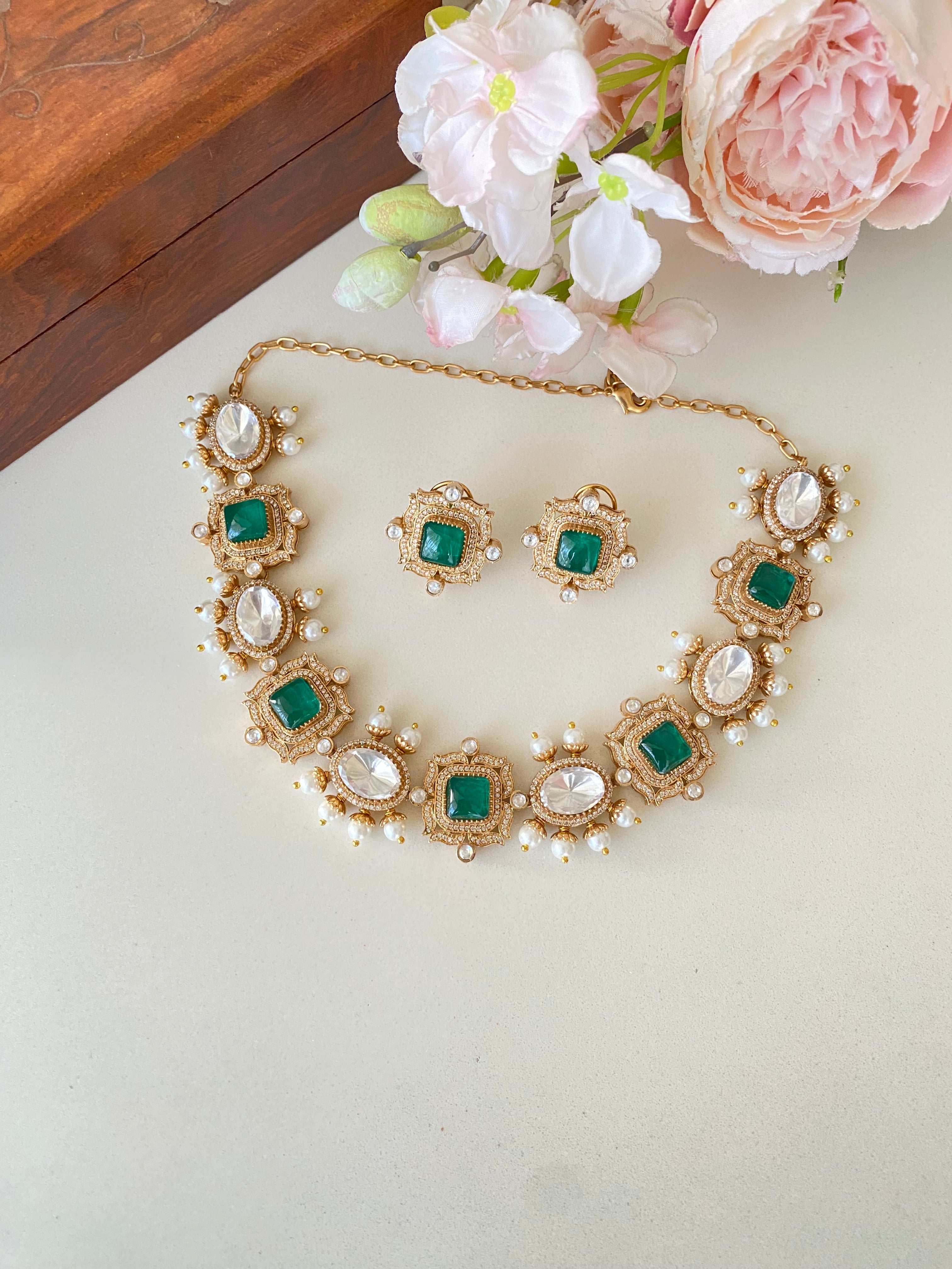 Gold plated Green Necklace Set