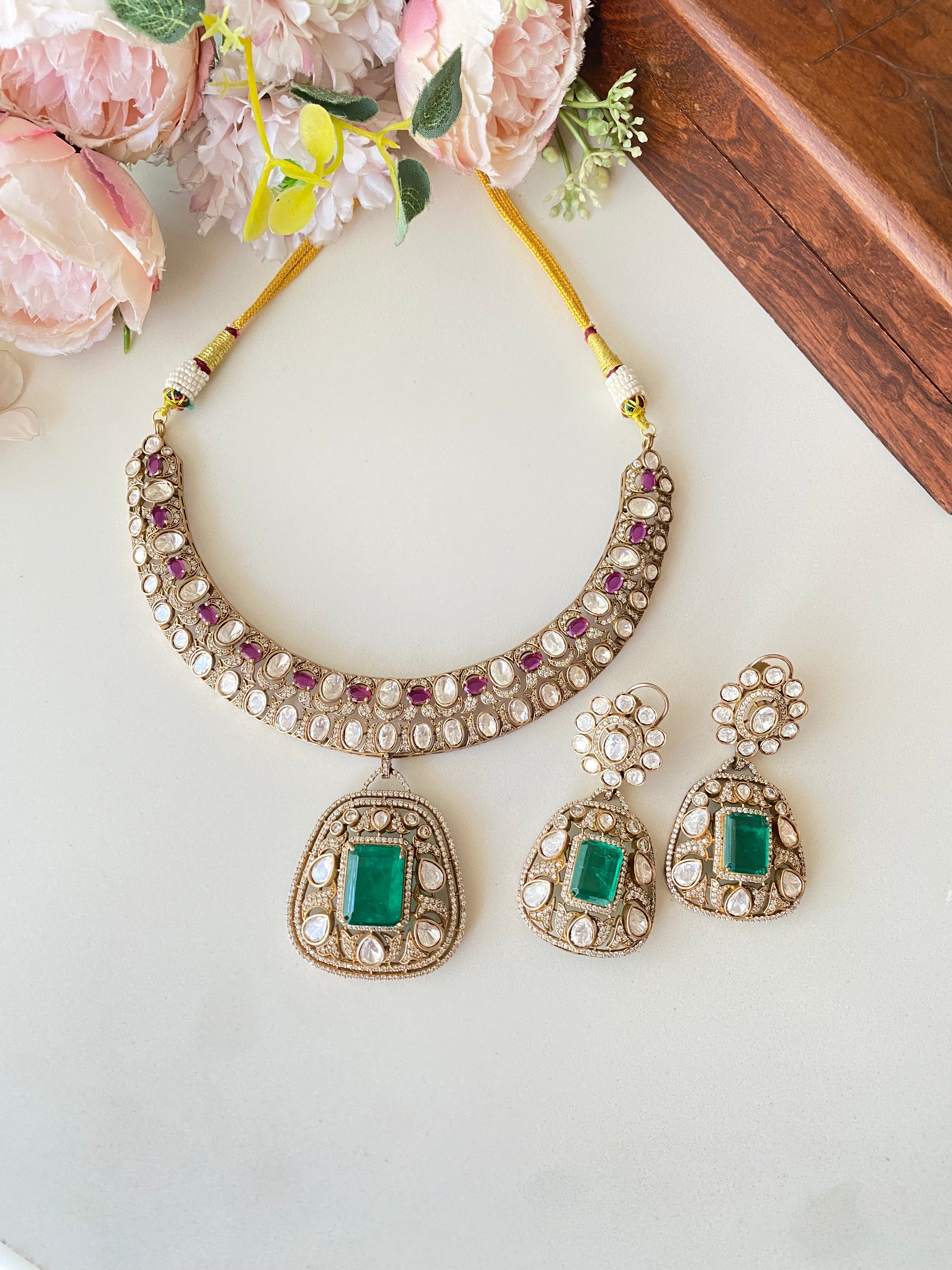 Gold plated Moissanite Green Stone Necklace Set