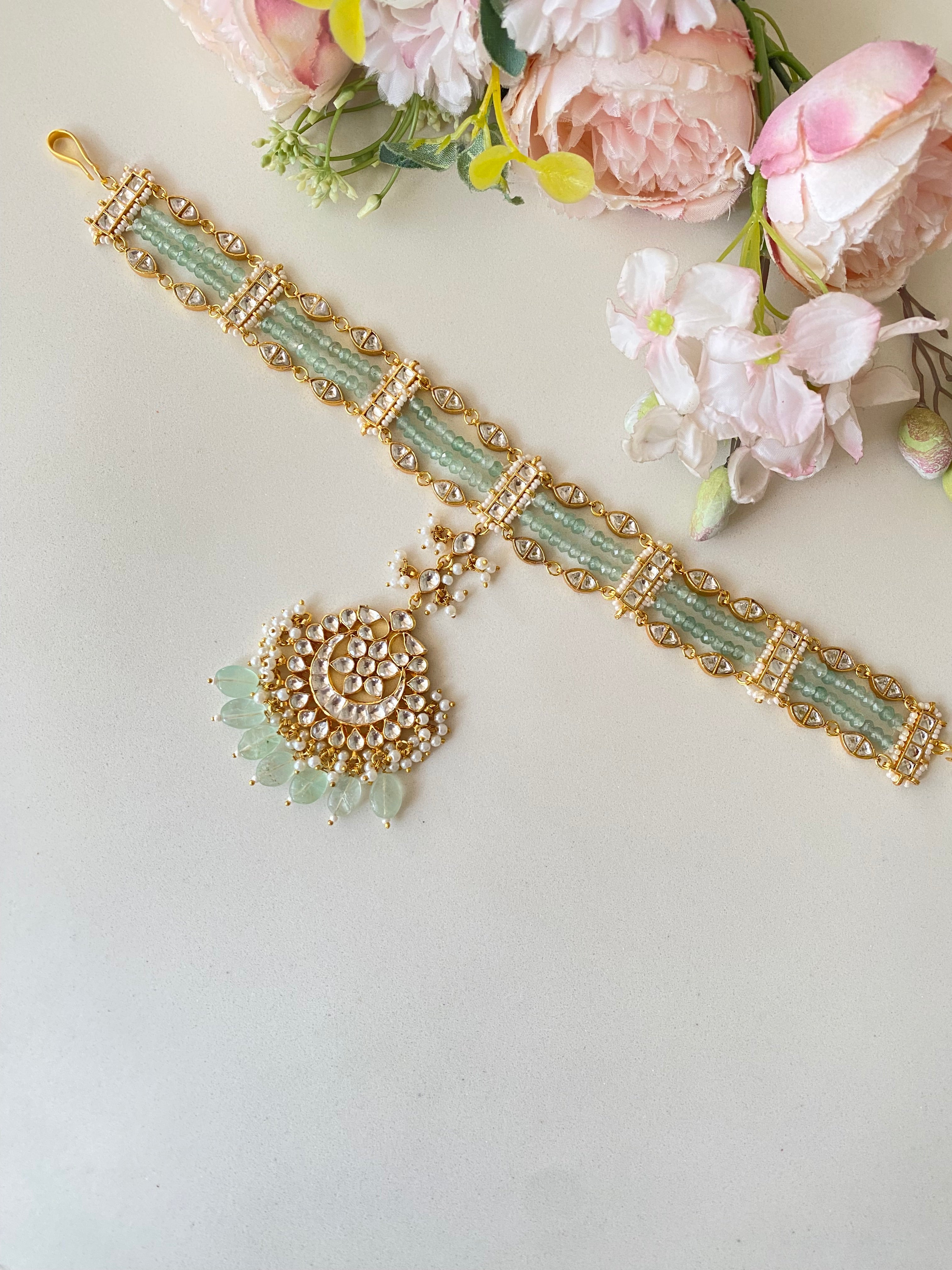 Gold Plated Kundan Mint sheeshpatti with tikka