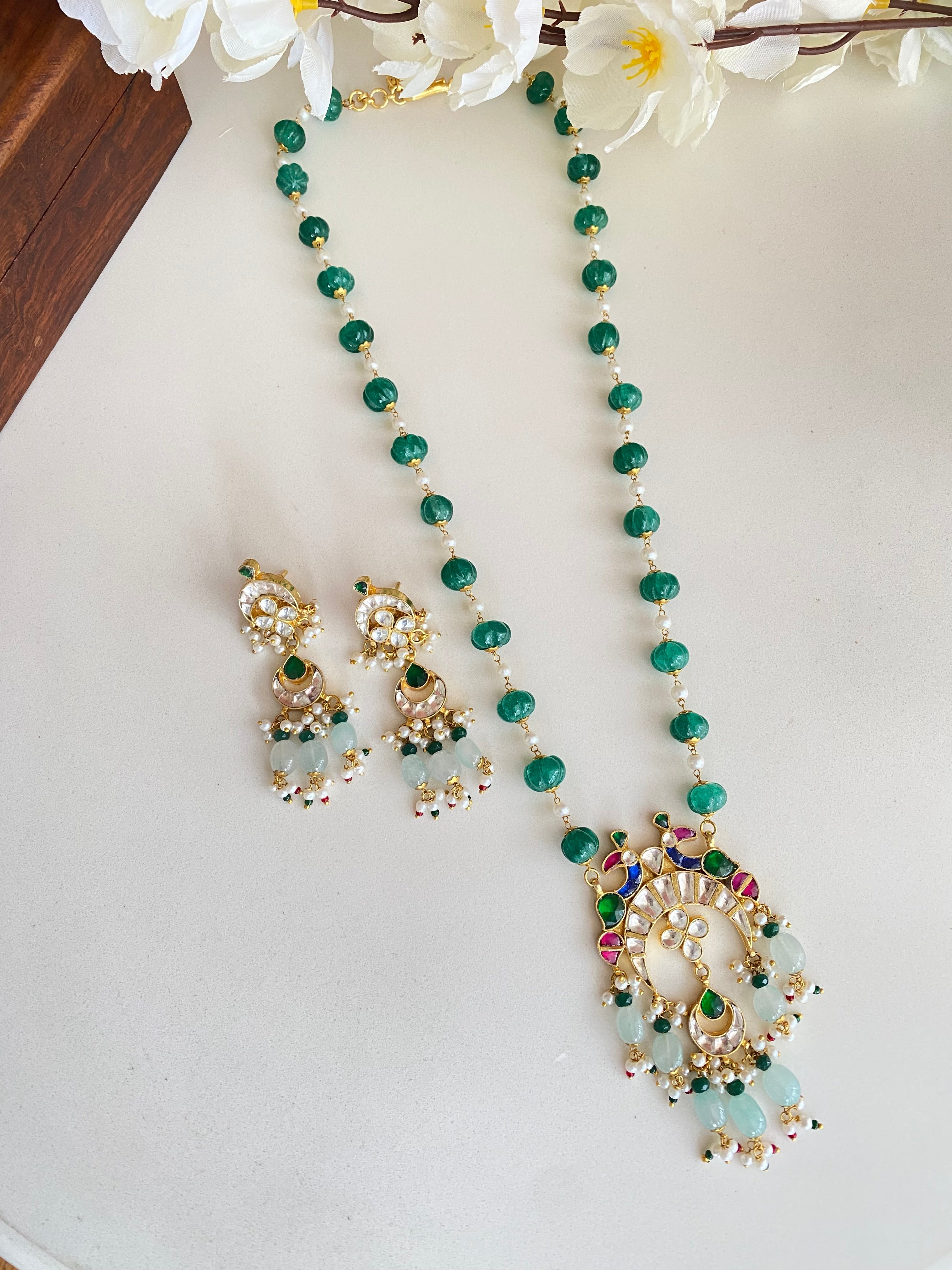 Gold Plated Kundan Long Necklace Set In Mint Drops
