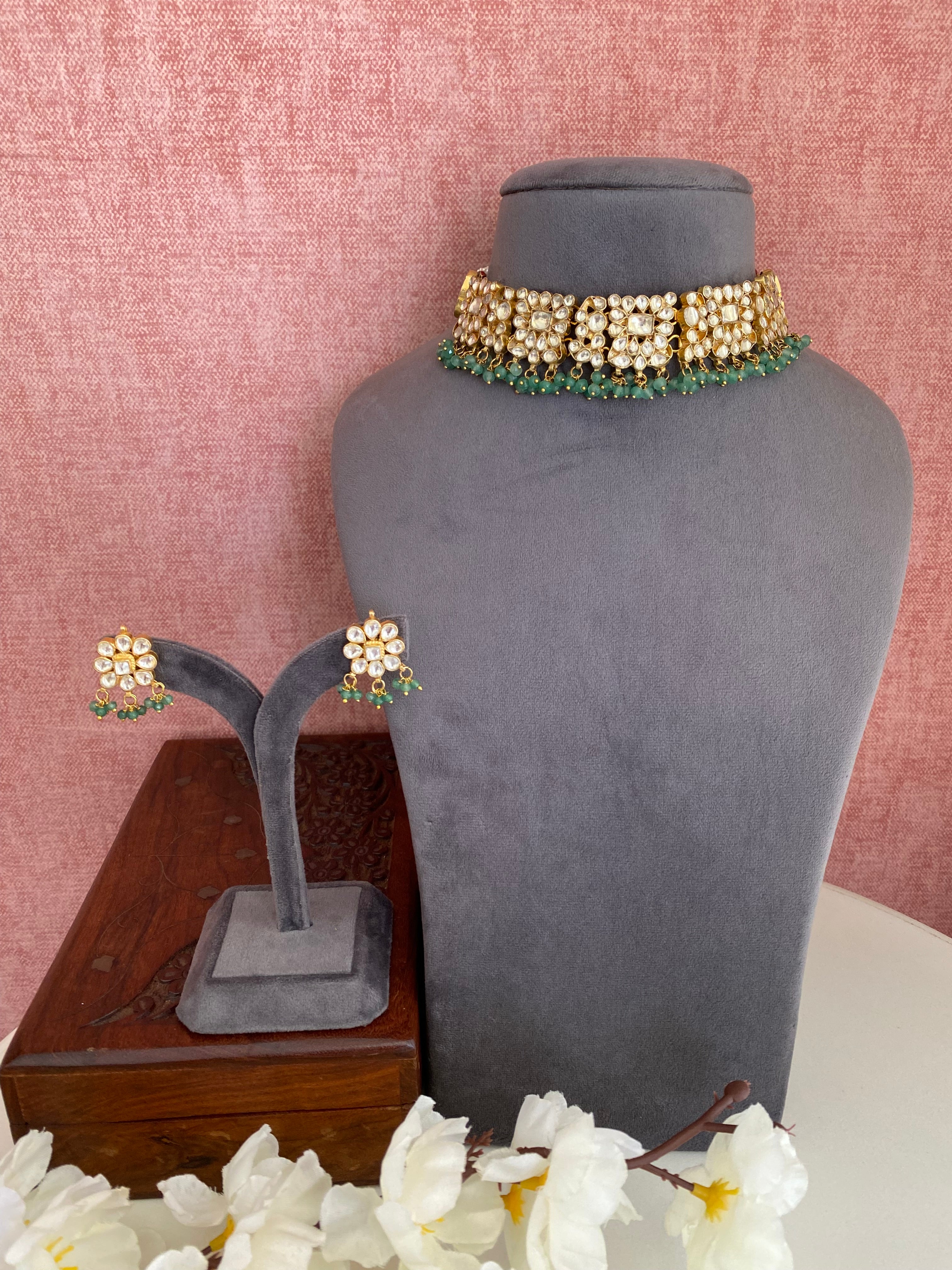 Gold plated Kundan Choker Set in mint drops