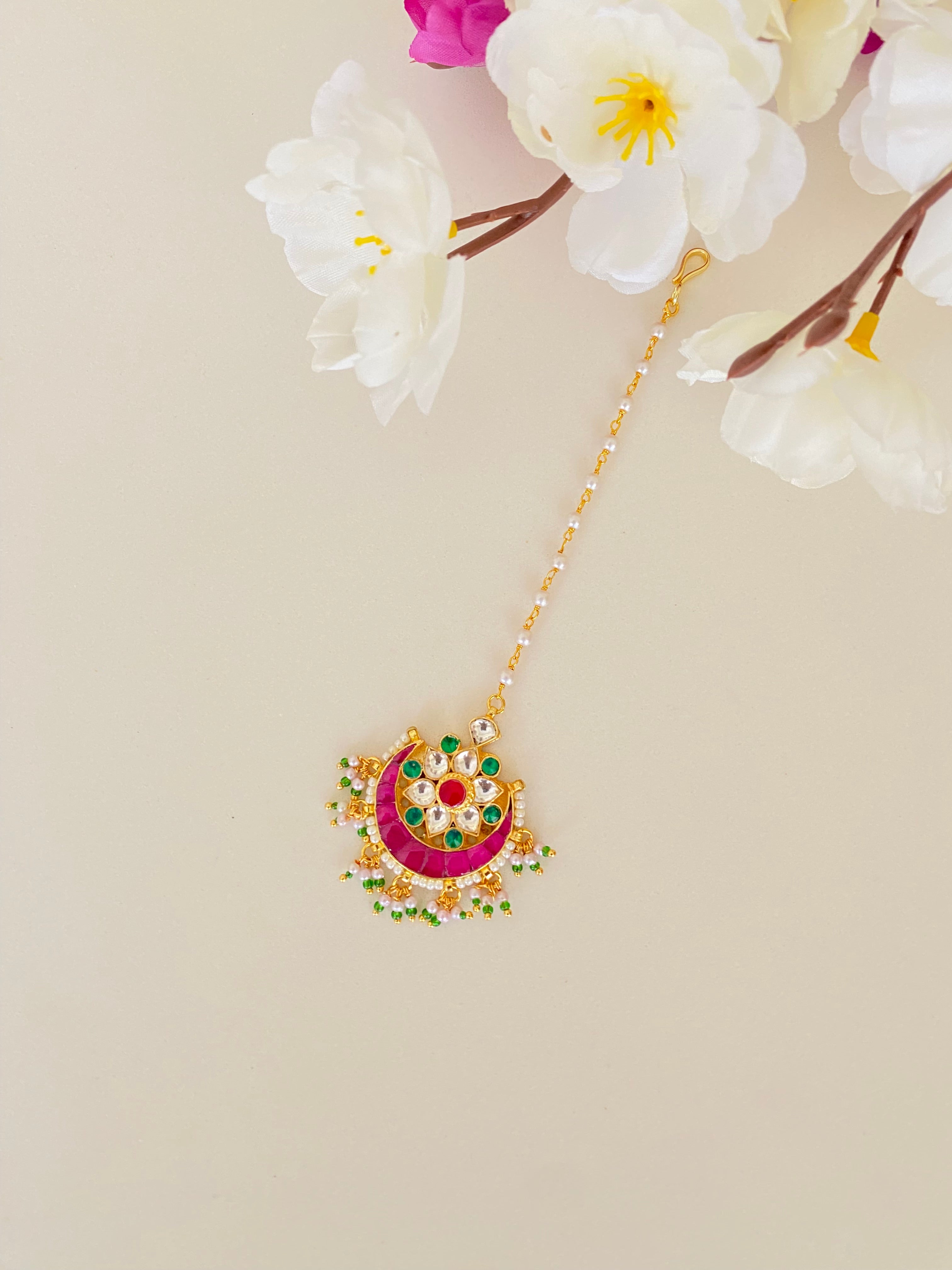 Gold Plated Pink Kundan Tikka